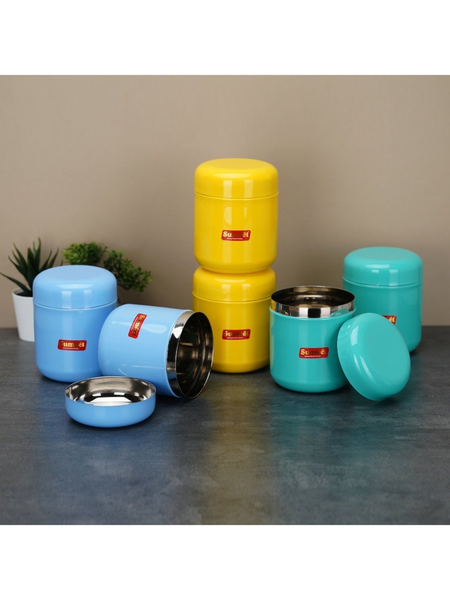 Sumeet S.S.Multi Color Small Canisters/Jars/Storage Containers set of 6Pc,350ml capacity each,7.5cm