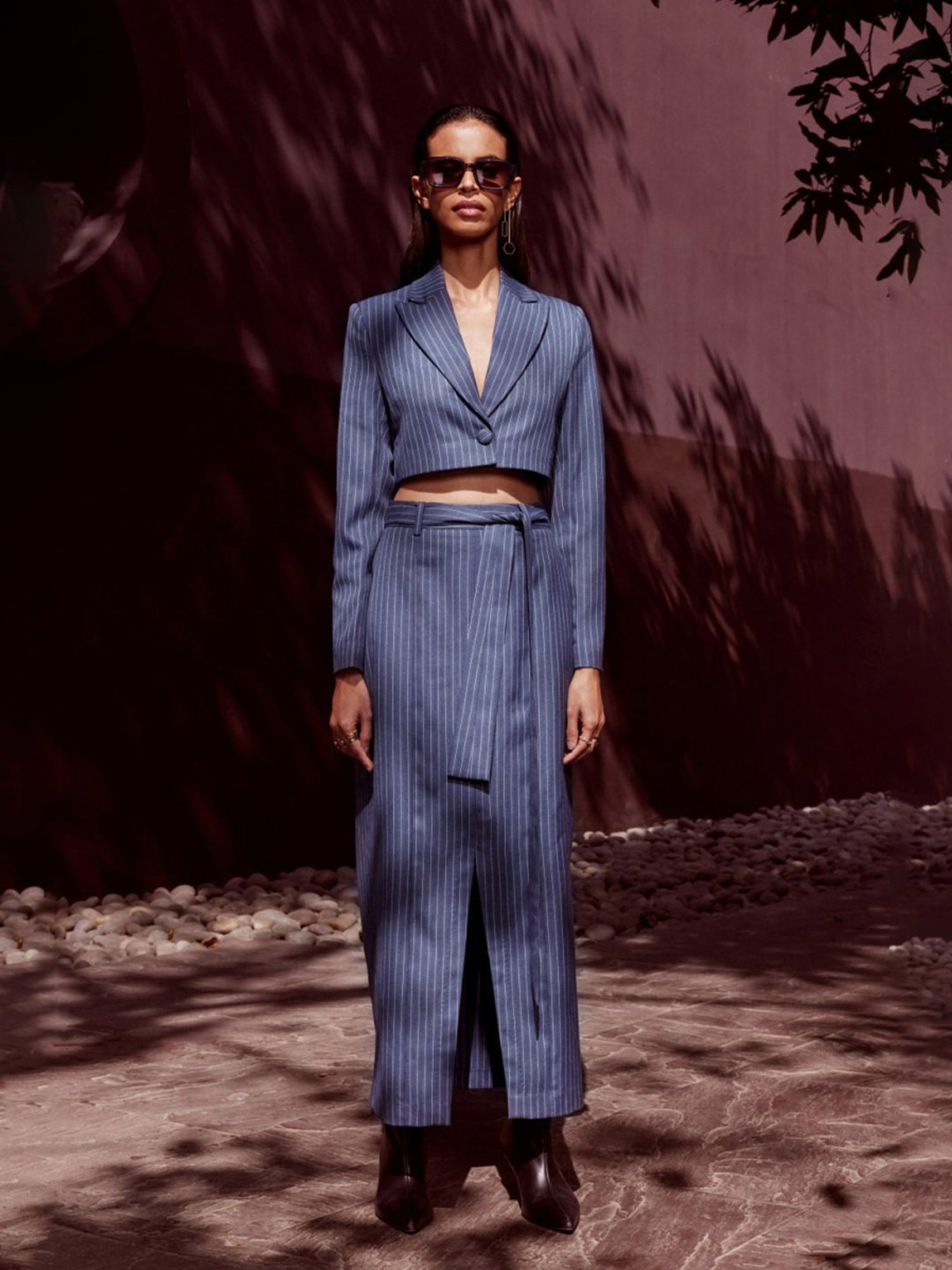 Qua Blue Quintenssence Pinstripe Cropped Blazer