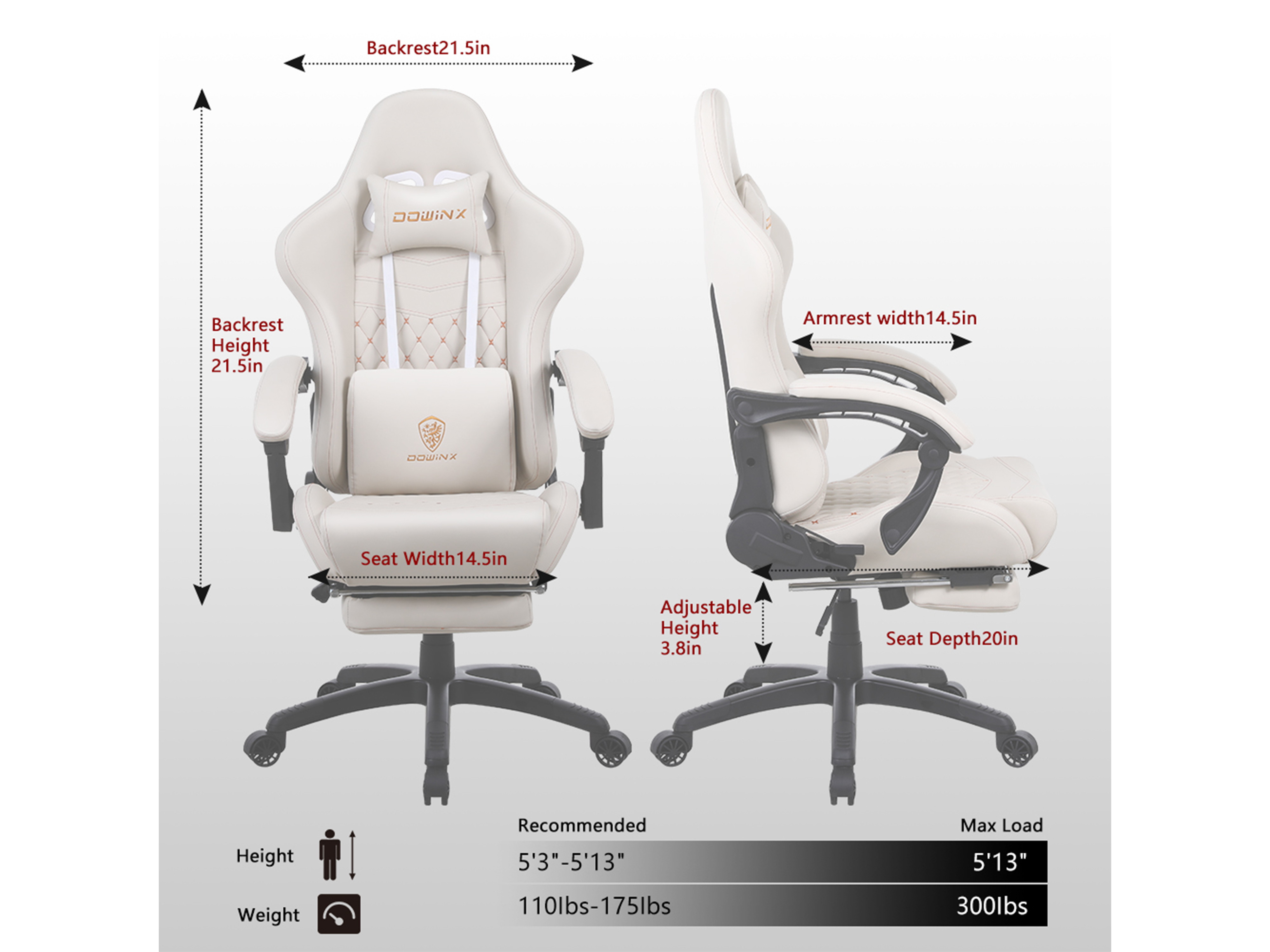 Dowinx Gaming Chair Office Chair PC Chair with Massage Lumbar Support, Racing Style PU Leather High Back Adjustable Swivel Task Chair with Footrest (Black&Red)