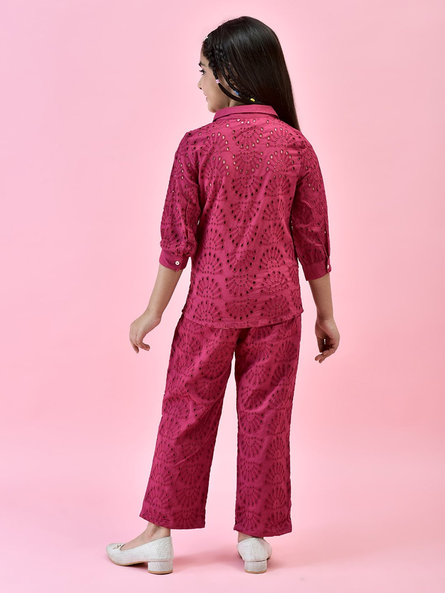 Juniper Girls Pink Self Design Shirt With Pants