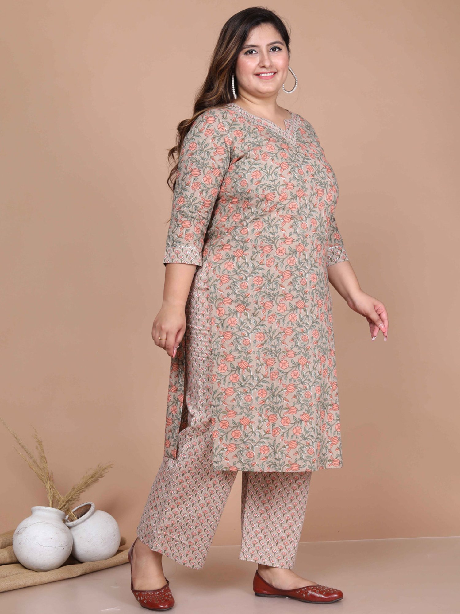 Miravan Beige Cotton Floral Print Kurta Palazzo Set