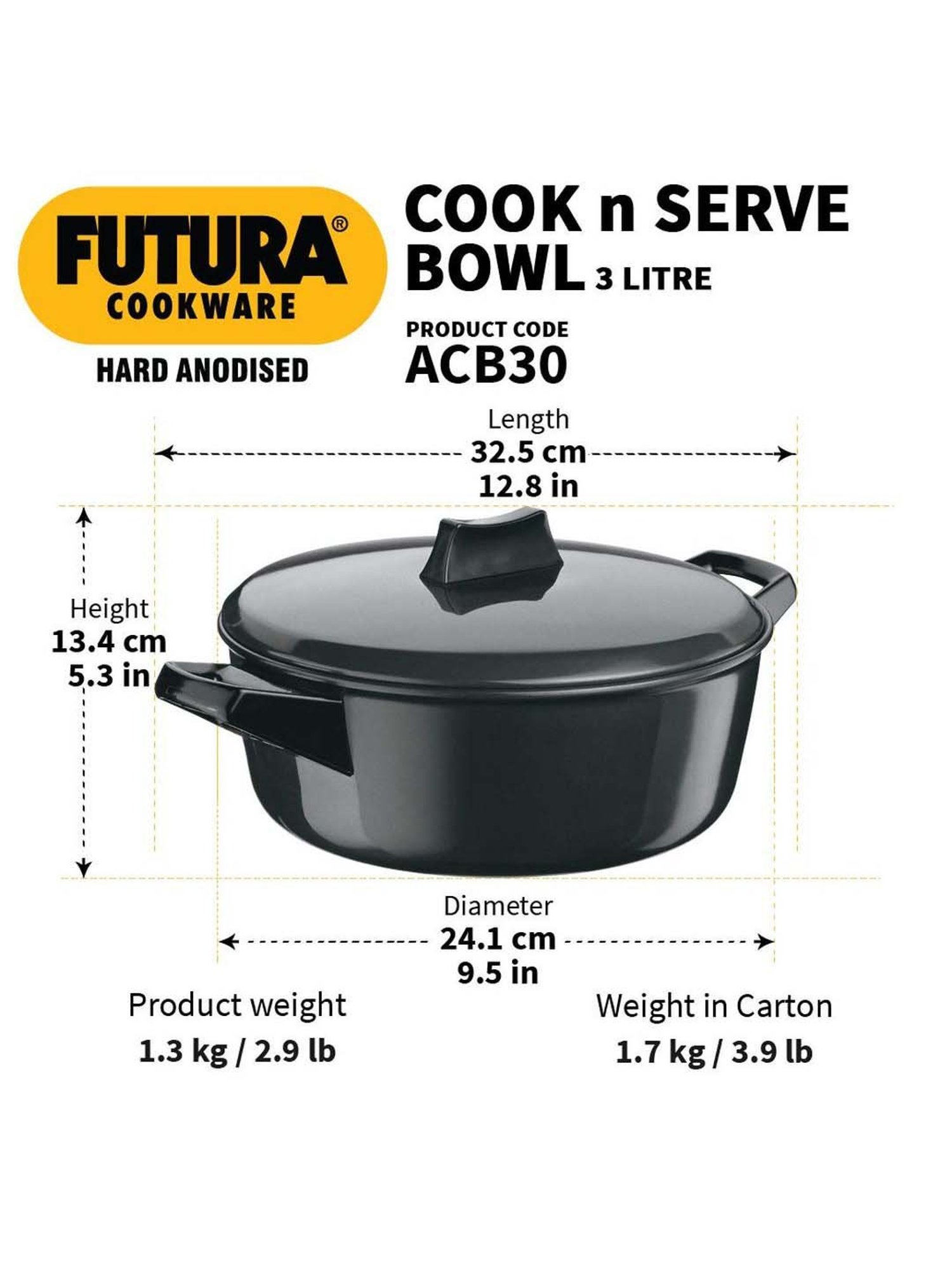 Hawkins Futura Hard Anodised Cook-n-Serve Bowl with Hard Anodised Lid (3 L, 23 cm)