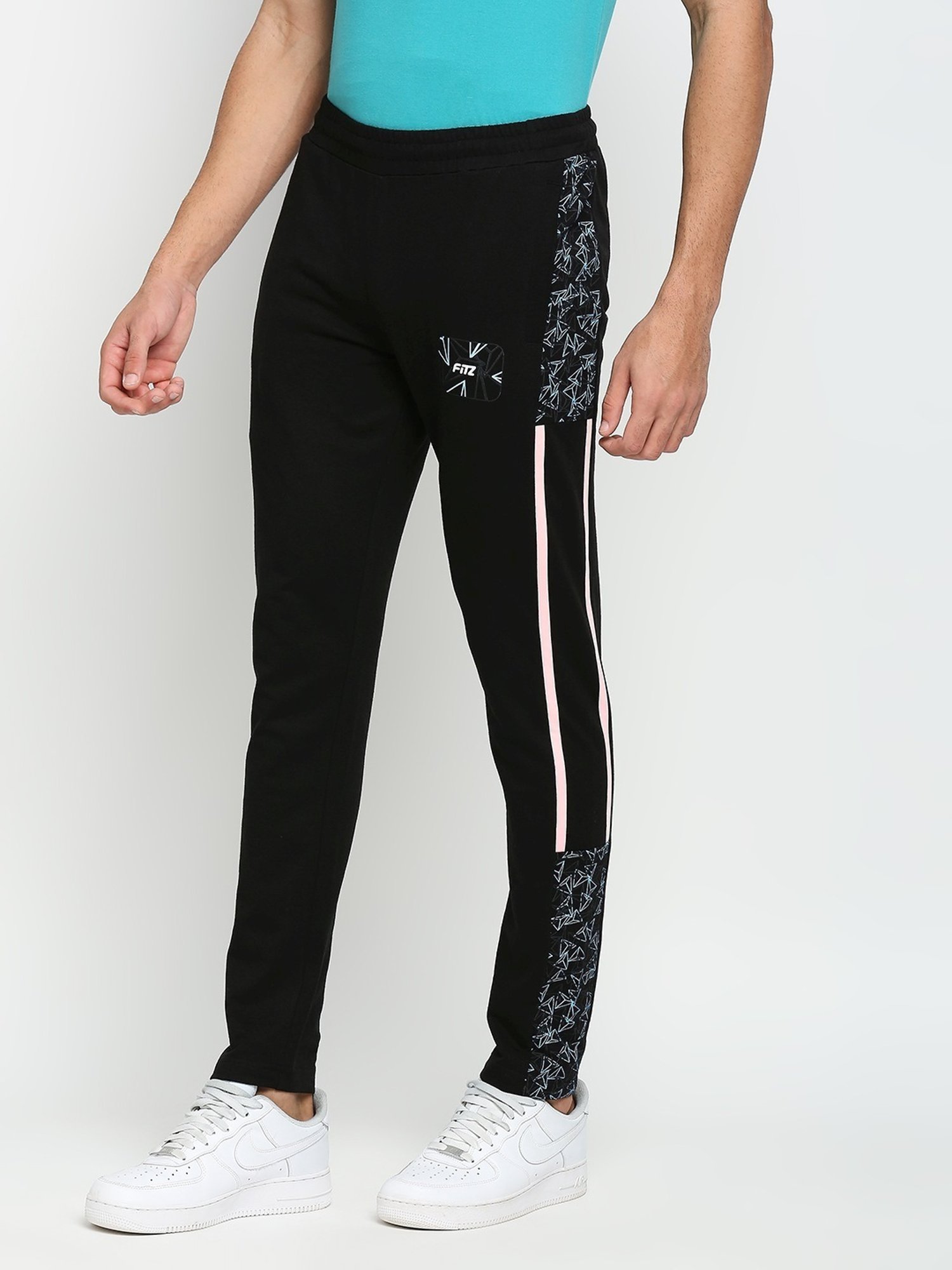 Fitz Black Slim Fit Printed Sports Trackpants
