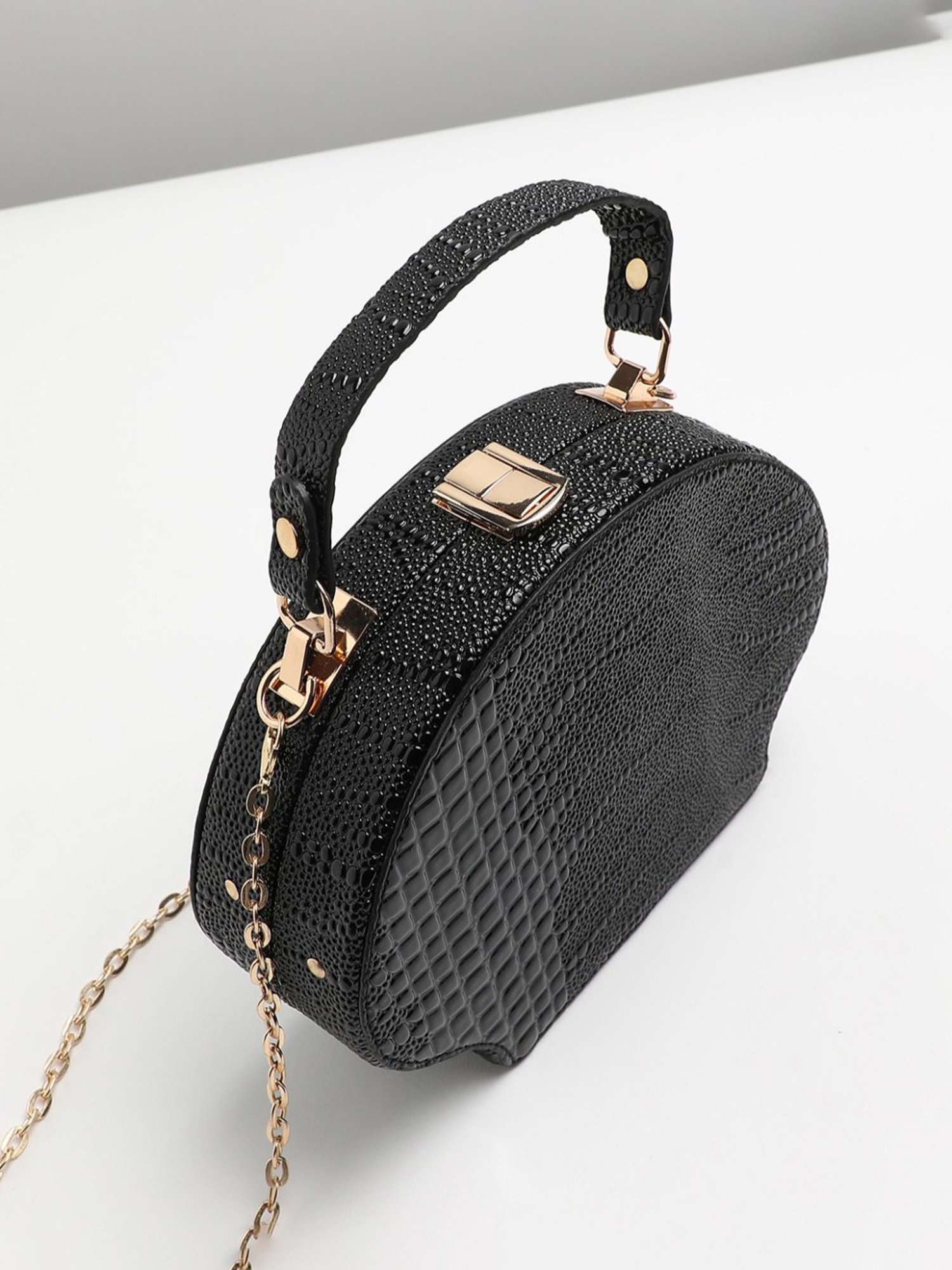 HauteSauce Black Croc Textured Medium Leather Handheld Handbag