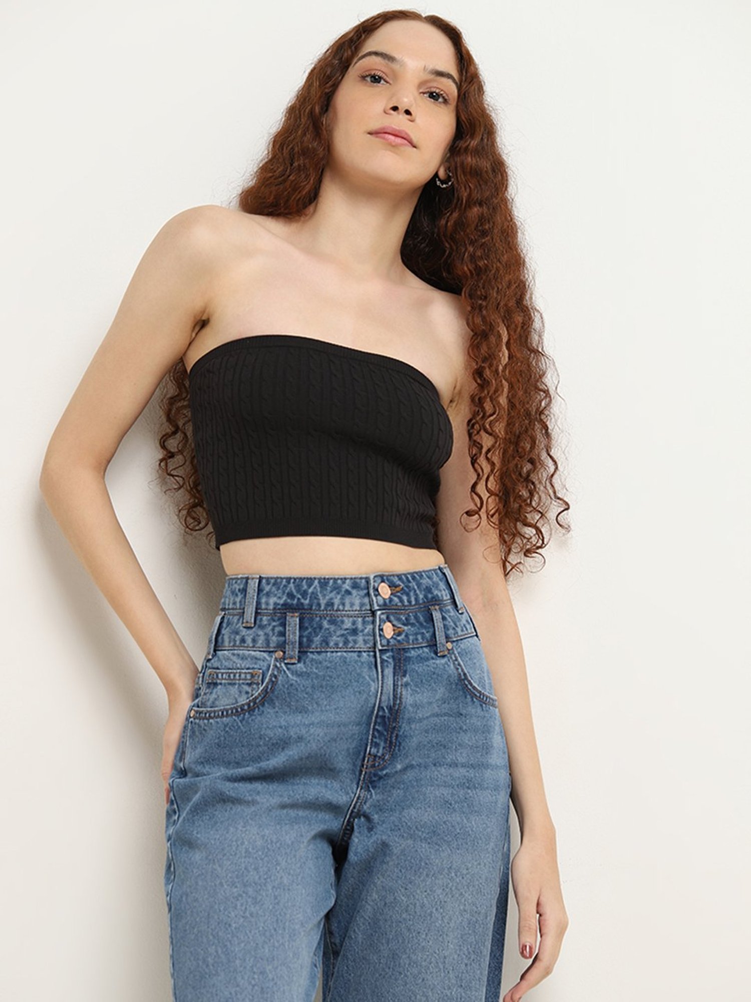Nuon by Westside Black Knit-Textured Cotton Blend Tube Top