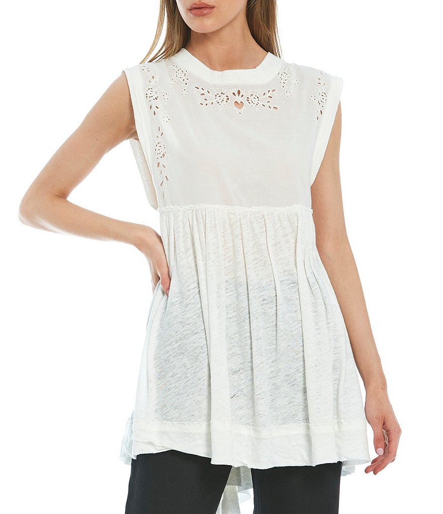 Free People Bella Knit High Neck Embroidered Eyelet U-Back Babydoll Top