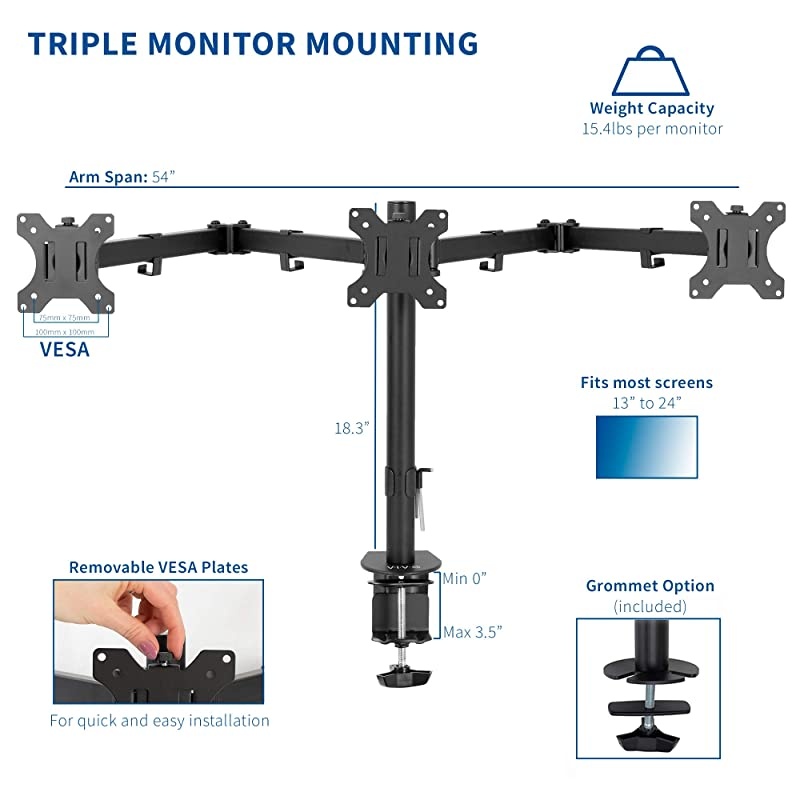Black Triple Monitor Adjustable Desk Mount Articulating Tri Stand Holds 3 Screens up to 24 inches STANDV003Y