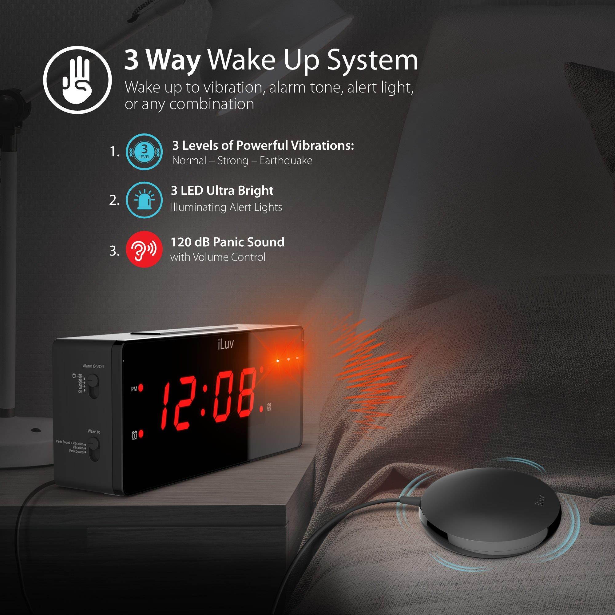 iLuv TimeShaker Wow - Vibrating Alarm Clock for Heavy Sleepers, Bed Shaker, LED Digital Display Dual Alarm, Super Loud Alarm Clock Sound, LED Alert Light, USB Charging Port, and Vibrating Alarm Shaker