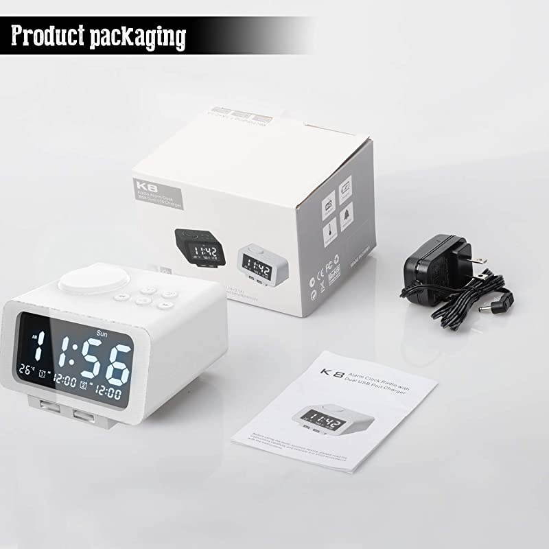 Alarm Clock Radio - FM Radio, Dual USB Port for Charging, Temperature Display, Dual Alarms, 5 Level Brightness Dimmer, Adjustable Alarm Volume, Sleep Timer for Bedrooms - White