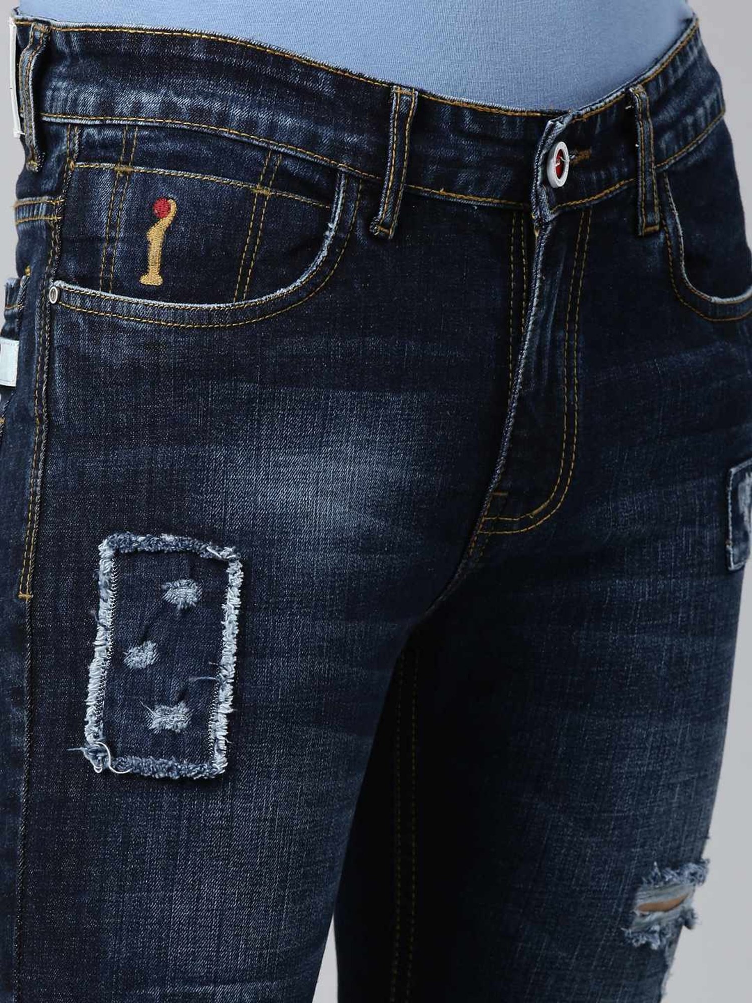 CINOCCI Cobalt Blue Cotton Slim Fit Distressed Jeans