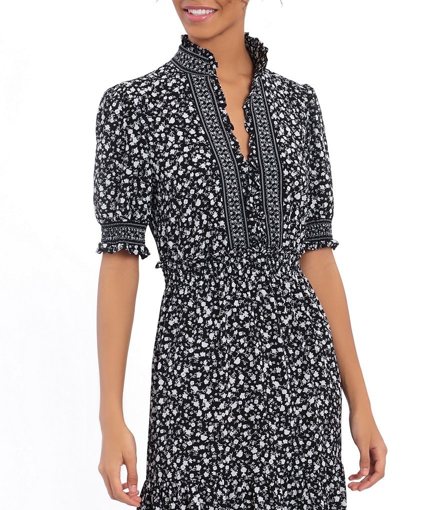 London Times Ruffle Neck Smocked Puff Sleeve Crepe Tiered Maxi Dress