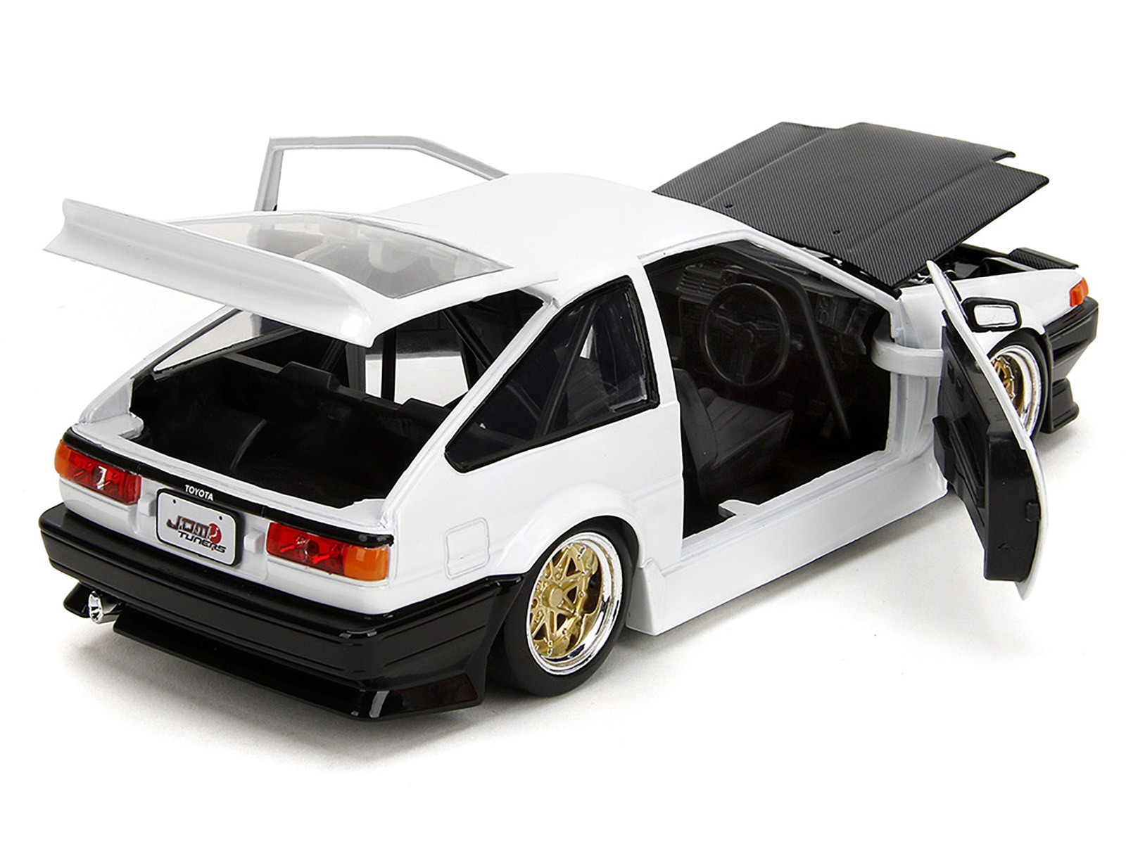 1986 Toyota Trueno (AE86) RHD (Right Hand Drive) White with Black Hood "JDM Tuners" Series 1/24 Diecast Model Car by Jada