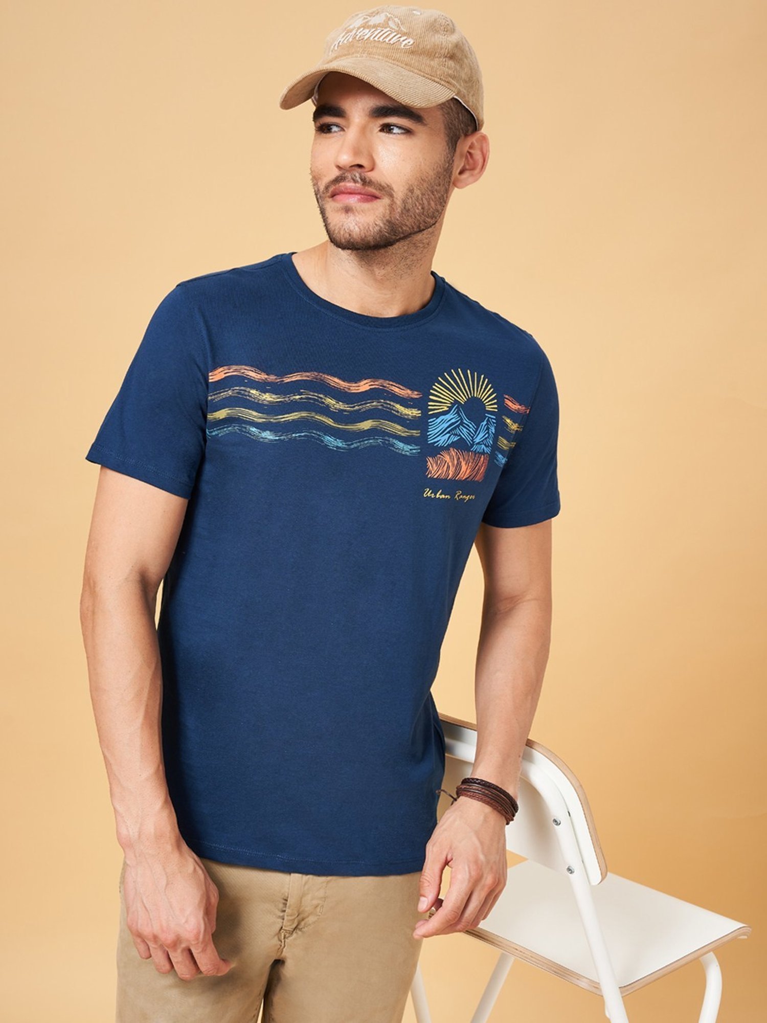 Urban Ranger by Pantaloons Light Navy Cotton Slim Fit Printed T-Shirt