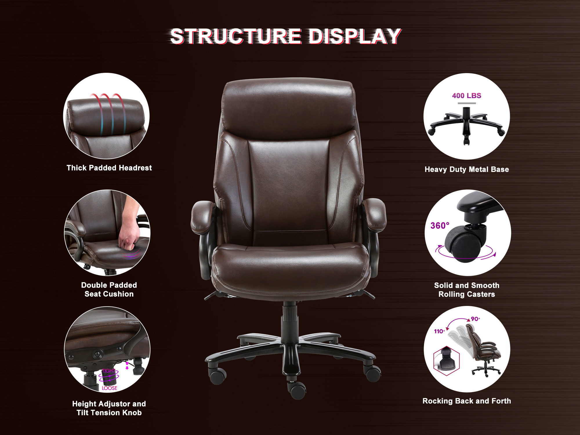 High Back Big & Tall 400lb Ergonomic Bonded Leather Office Chair - Executive Desk Computer Swivel Chair - Heavy Duty Metal Base, Adjustable Tilt Angle with Lumbar Support