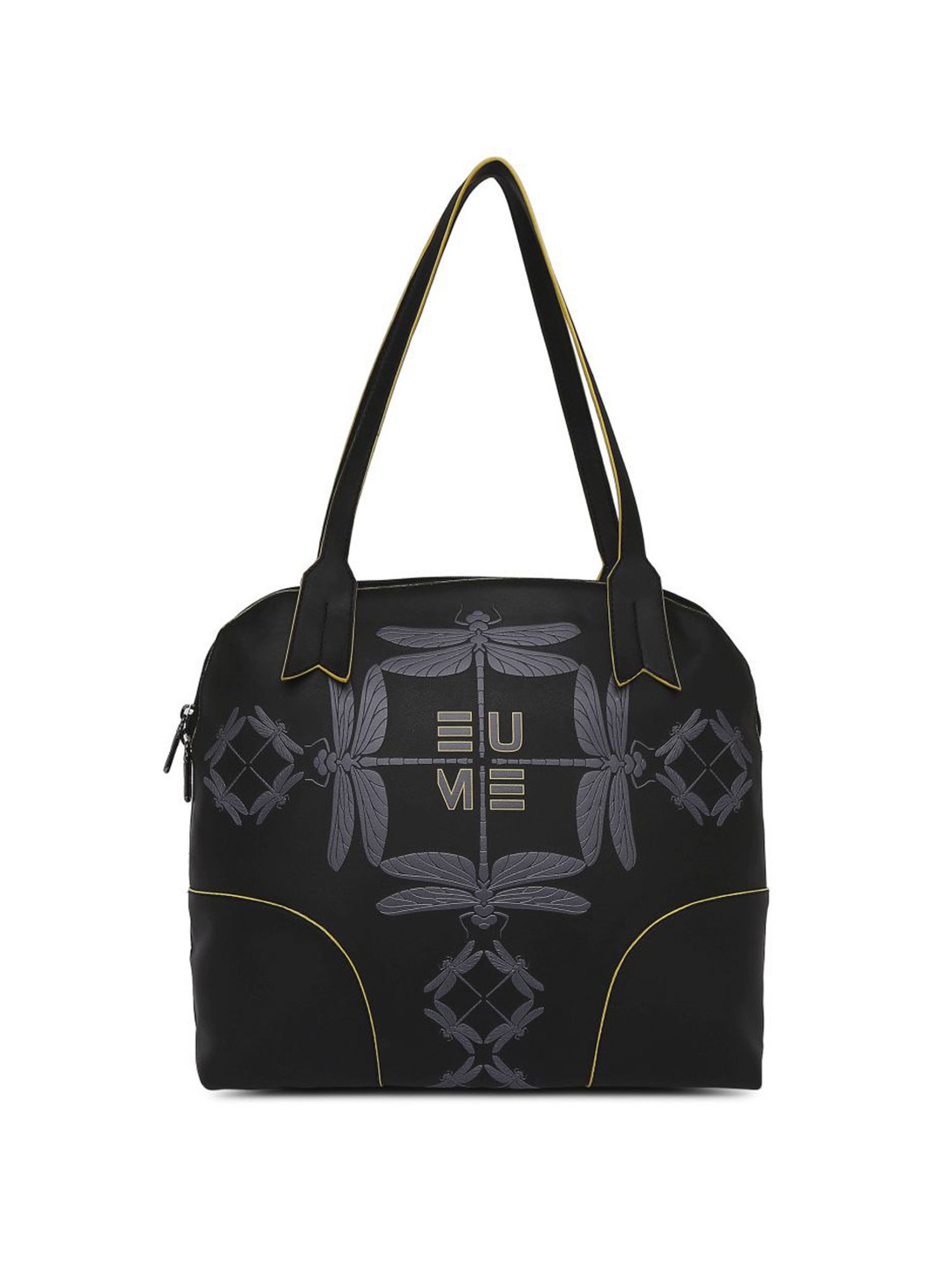 Eume Dragonfly Black Leather Printed Shoulder Handbag