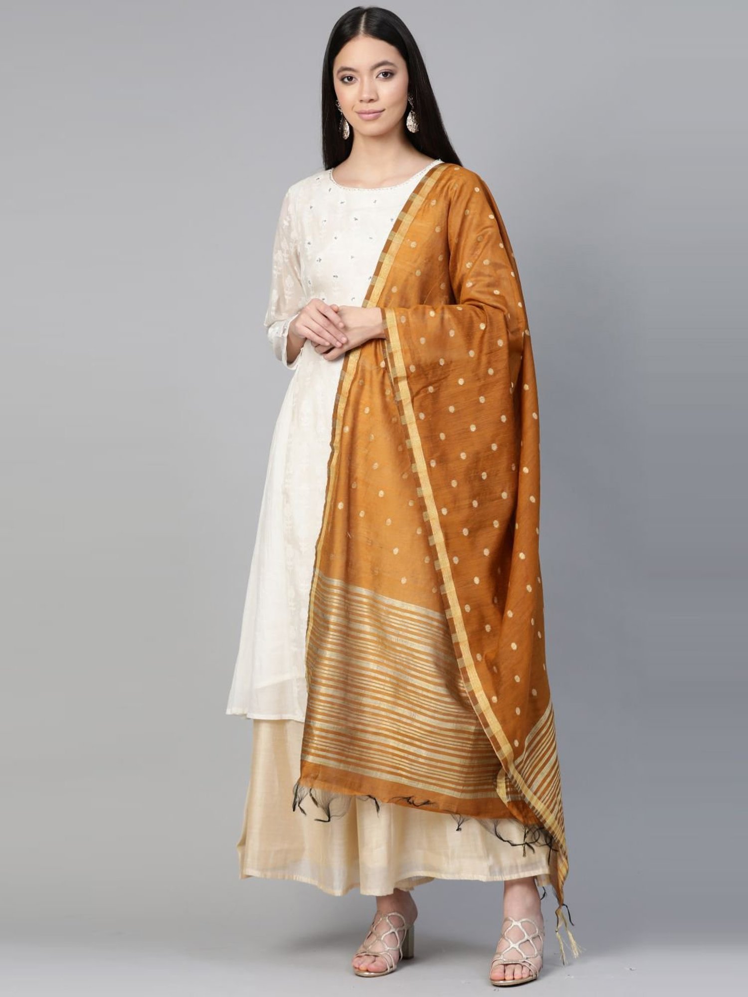 Indo Era Brown Woven Design Dupatta