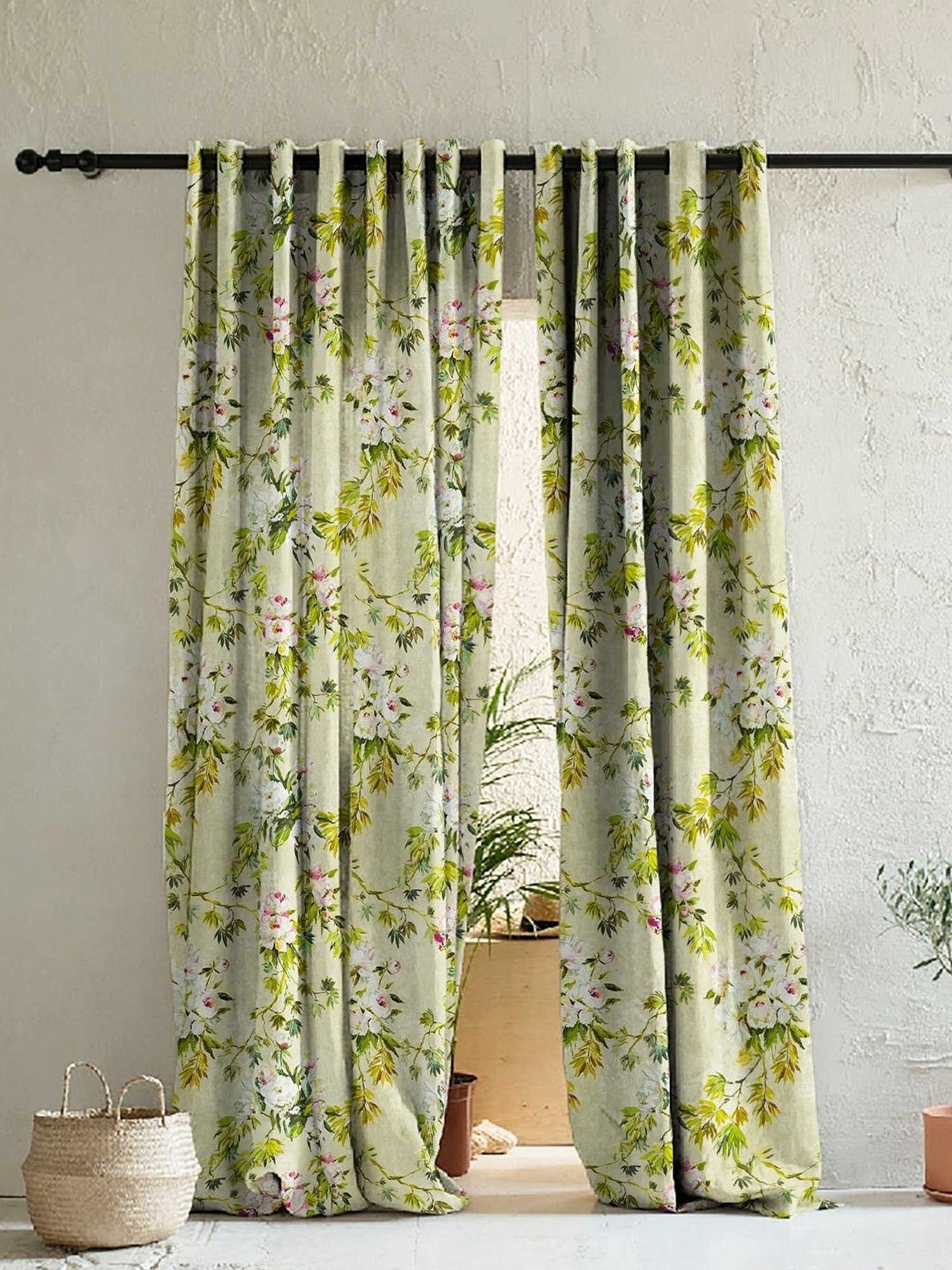 SPACES DRAPE STORY Elegent Green Polyester 8 FT Door Curtain - Set of 2
