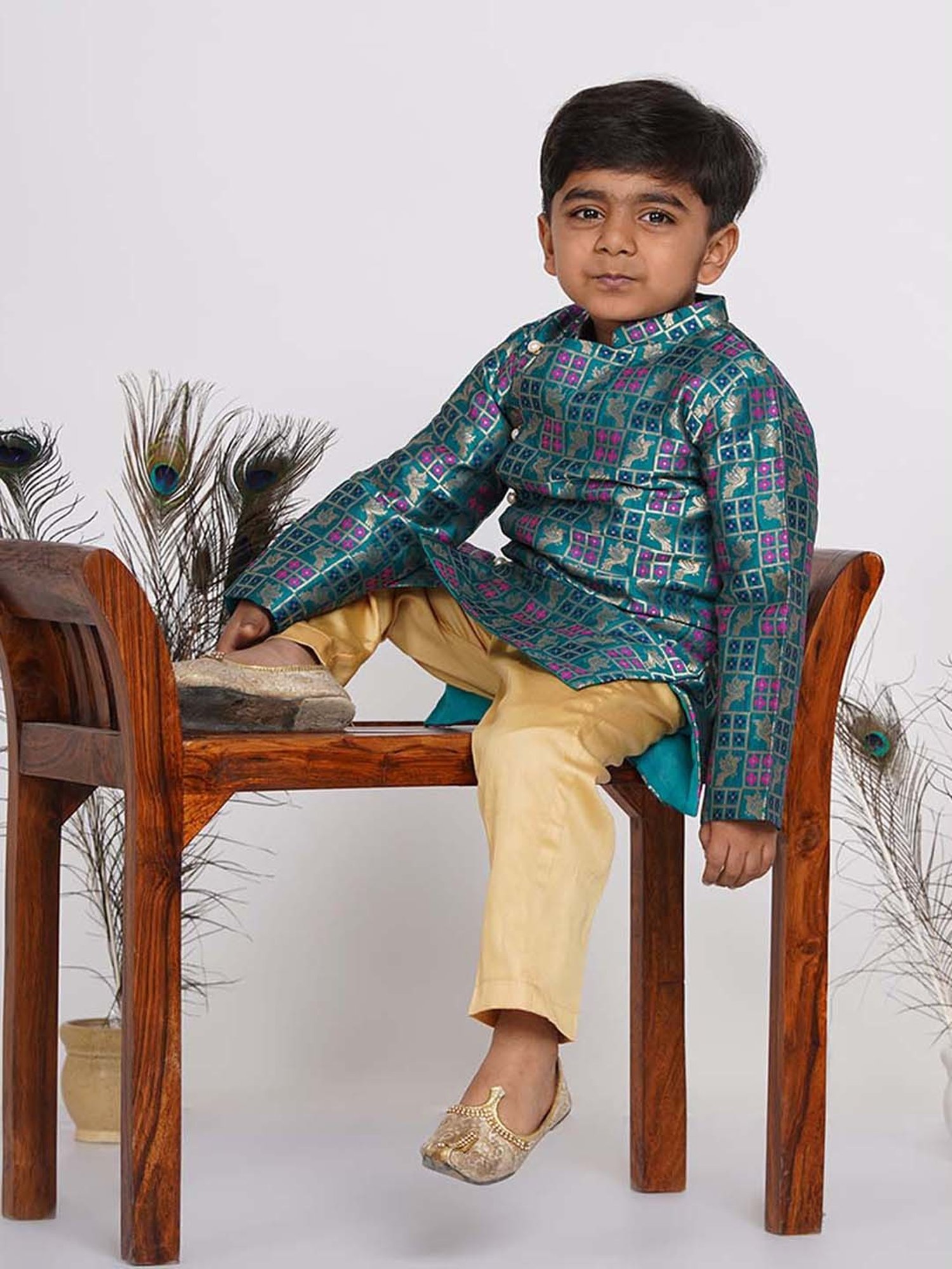 Little Bansi Kids Green & Beige Cotton Printed Full Sleeves Kurta Set
