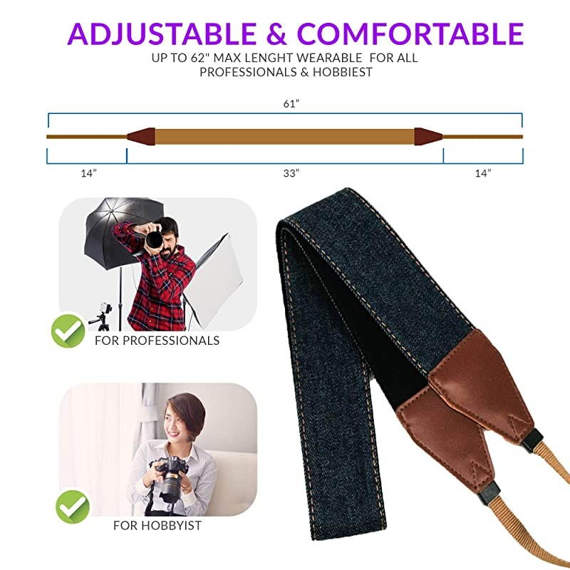 Jeans Camera Strap Real Denim Belt for All DSLR Camera. Denim Style Universal SLR Strap, Neck Shoulder Camera Strap for Canon, Nikon,Pentax, Sony, Fujifilm and Digital Camera