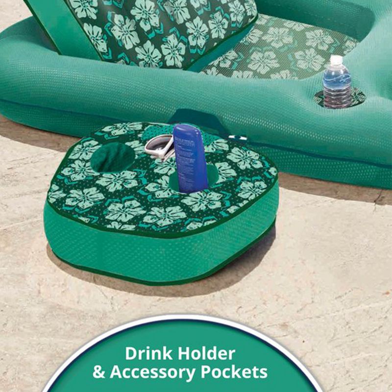 Aqua Leisure Campania 2 in 1 Convertible Lounger Recliner and Luxurious Inflatable Pool Float w/ Beverage Caddy in Multi Floral Print (Teal) (2 Pack)