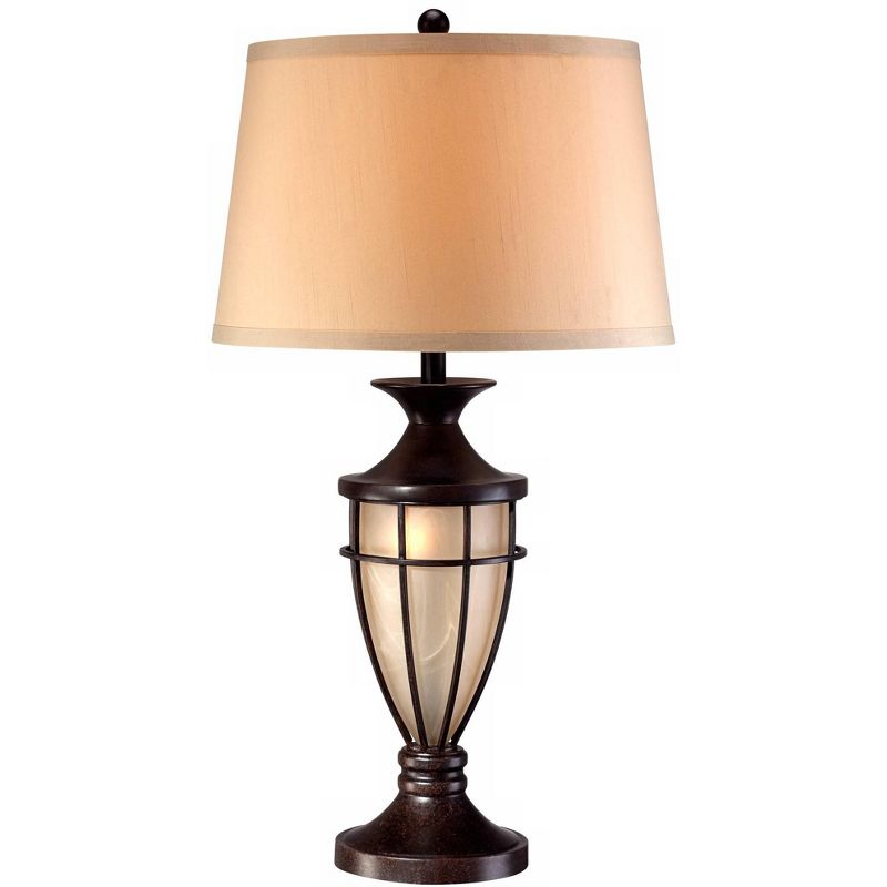 John Timberland Mission Table Lamp with Nightlight Champagne Glass Brushed Iron Cage Beige Fabric Shade for Living Room Family