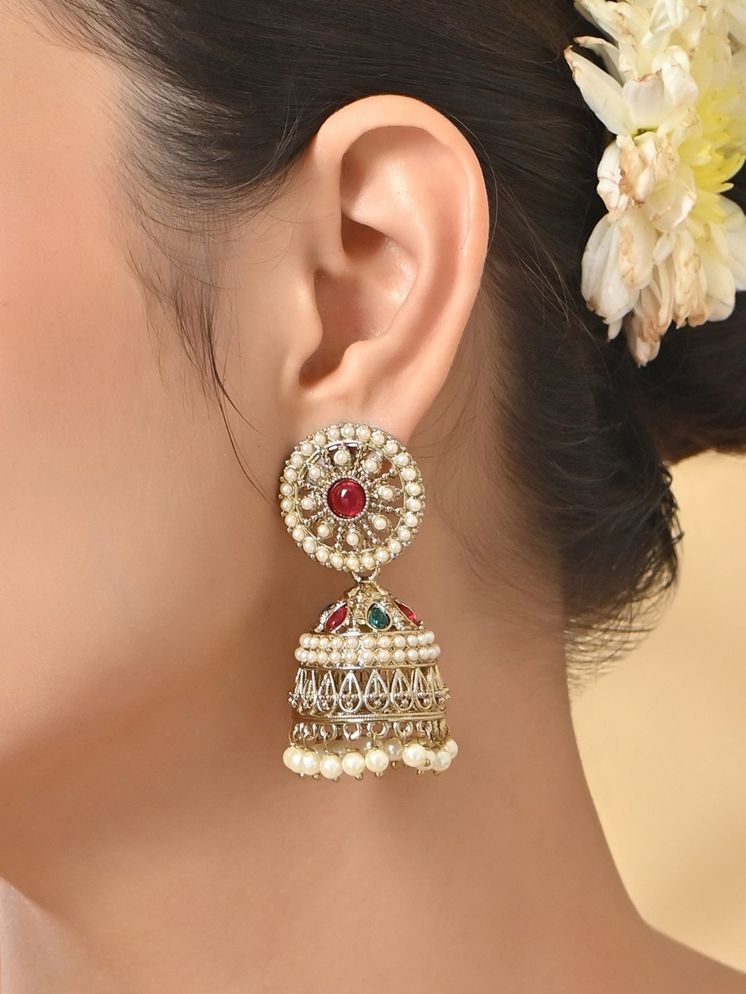 Fida Gold Plated Multicolor White Pearls Temple Jhumki Earrings for Women
