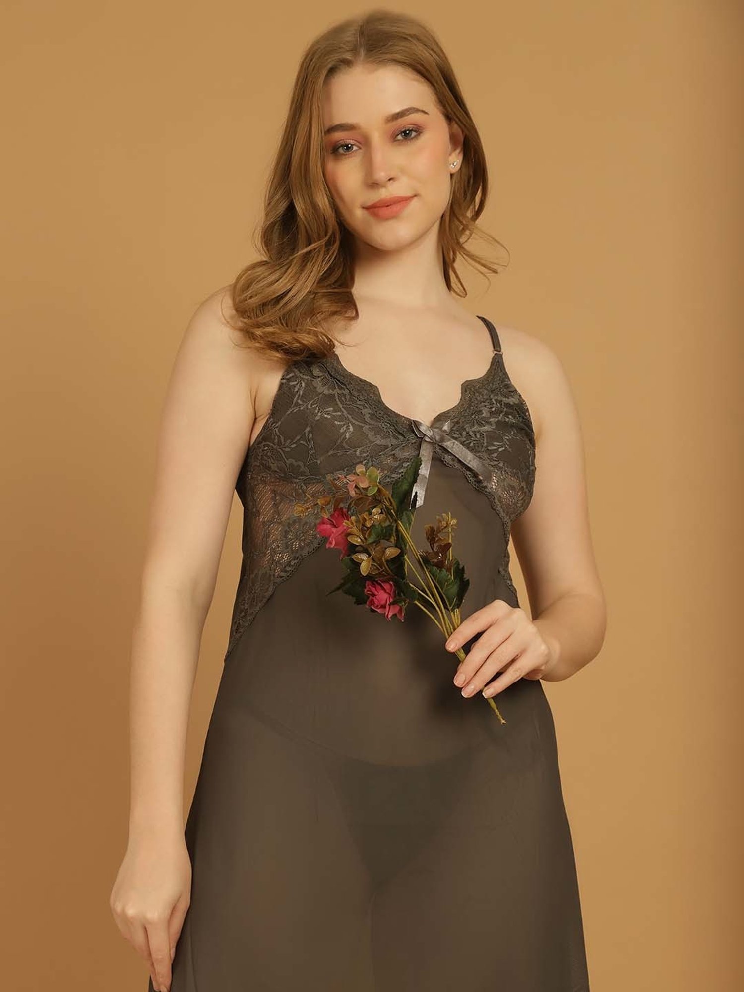 Stylee LIFESTYLE Brown Lace Work Babydoll With Brief