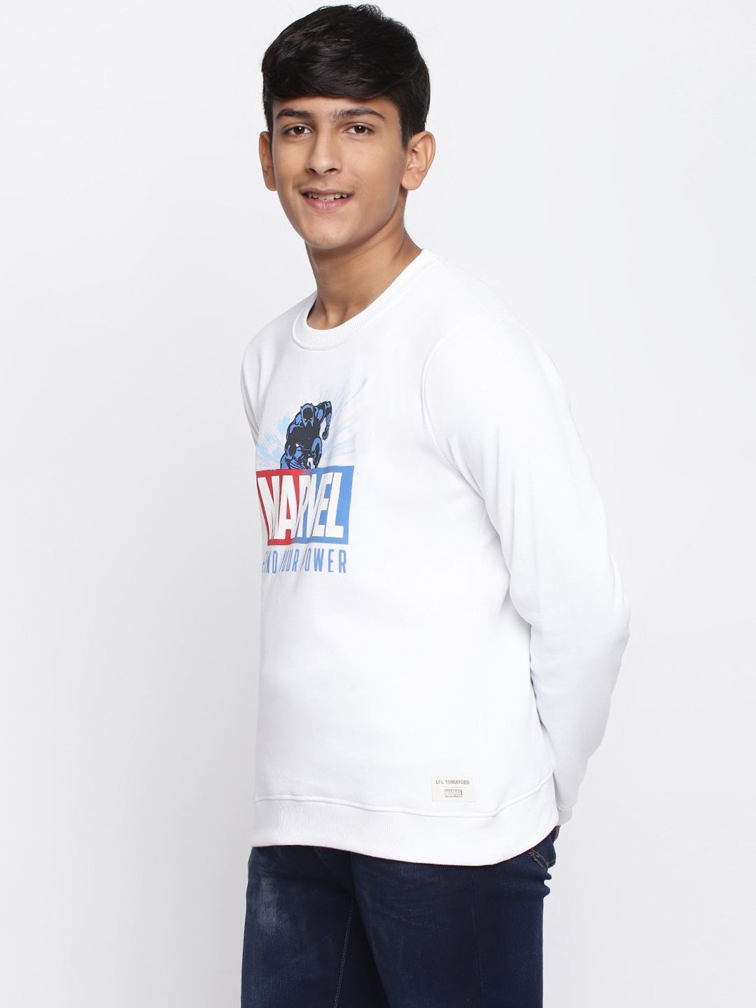 Lil Tomatoes Kids White Printed Full Sleeves Marvel Sweatshirt