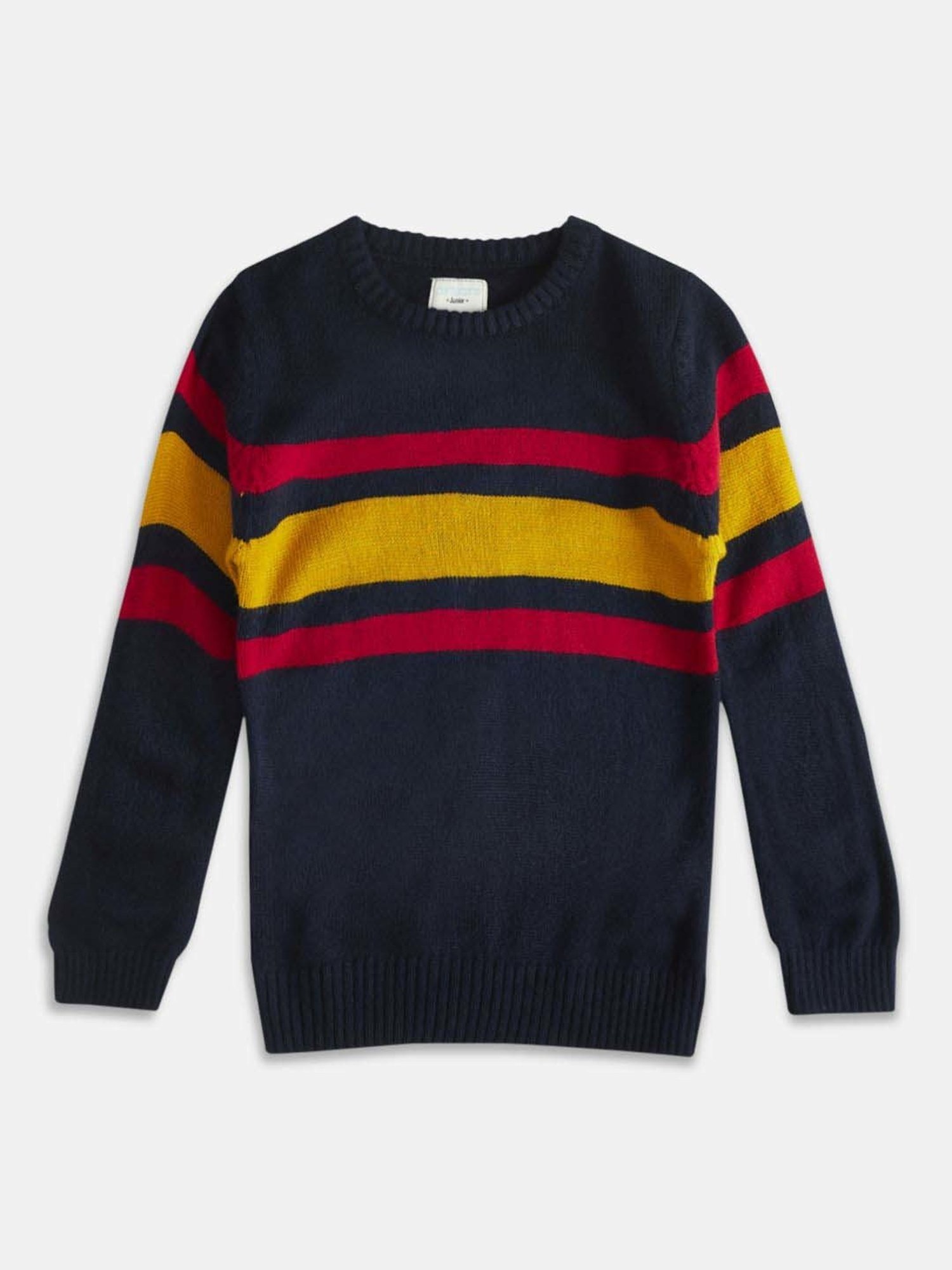 Pantaloons Junior Navy & Yellow Striped Full Sleeves Sweater