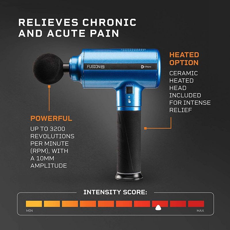 Lifepro LPFSNFXBLU Fusion FX Heated Quiet Electric Handheld Deep Muscle Tissue Percussion Massage Therapy Gun Machine with 5 Attachments, Blue