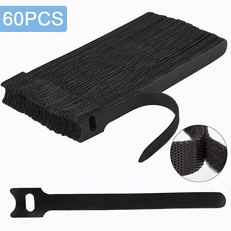 60PCS 6 Inches Reusable Cable Ties  Adjustable Cord Straps Cable Organizer Cord Wrap and Hook Loop Cords Management Black