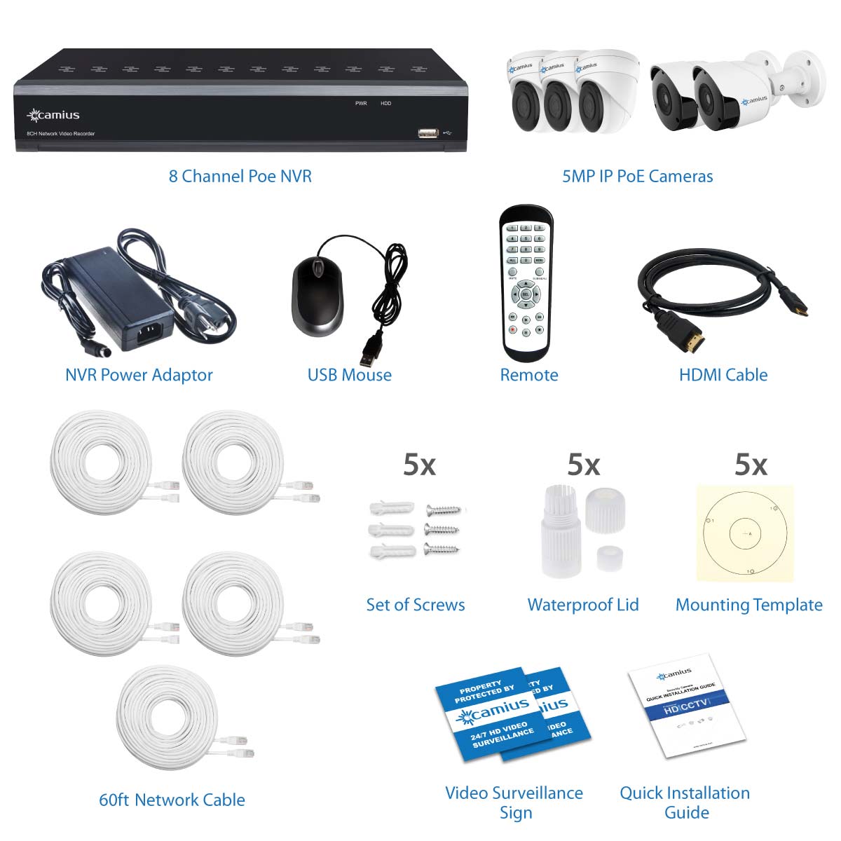 Camius 4K 8 Channel NVR Security System with 3TB, 5 x Wired PoE 5MP Audio Video Surveillance IP Cameras (2 Bullet, 3 Dome), Indoor-Outdoor, Night Vision, Mac, PC software, Browser, App view 8P2B3I3T