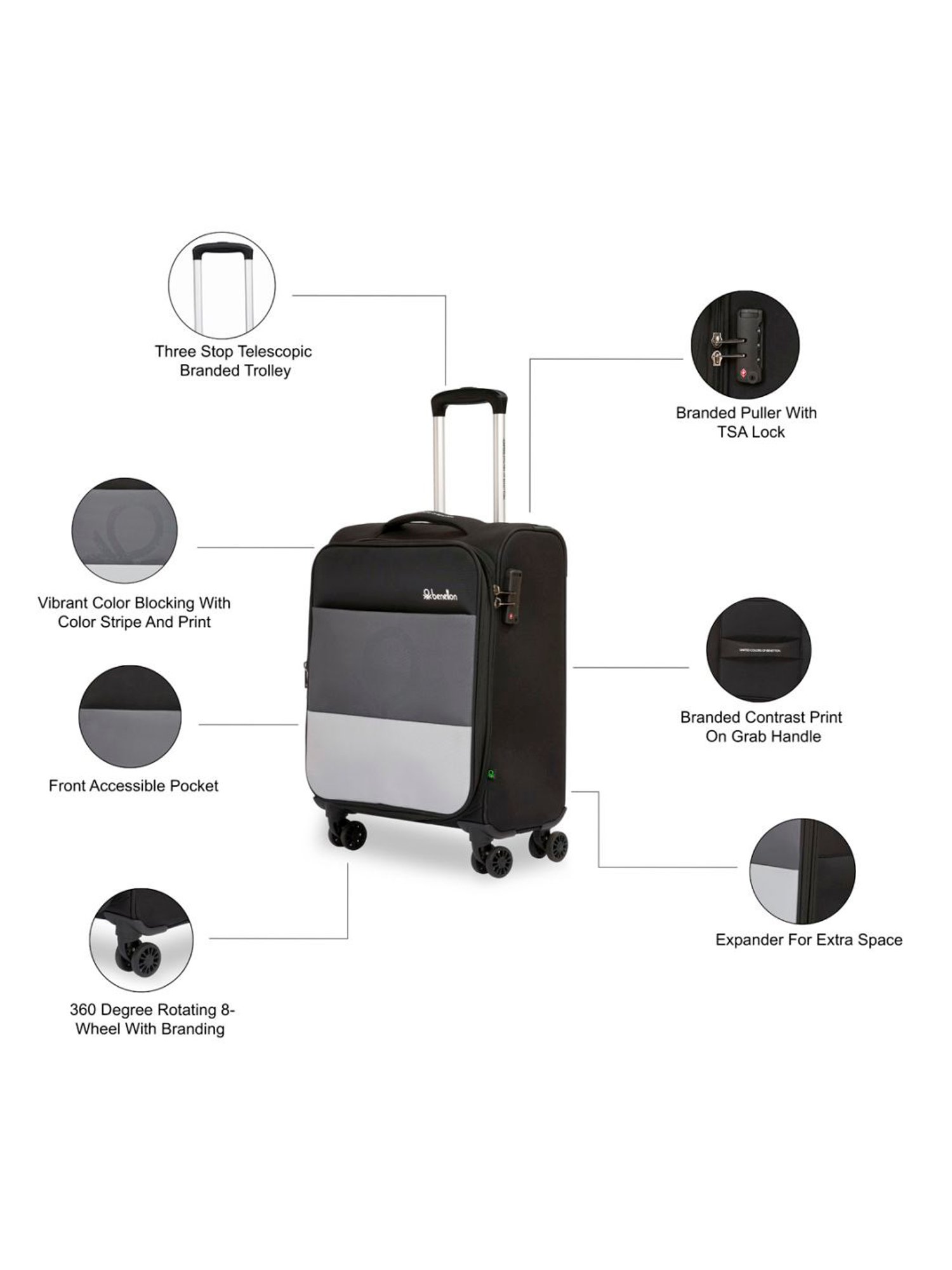 United Colors of Benetton Archimedes Black & Grey Color Block Soft Cabin Trolley Bag -58 Cms