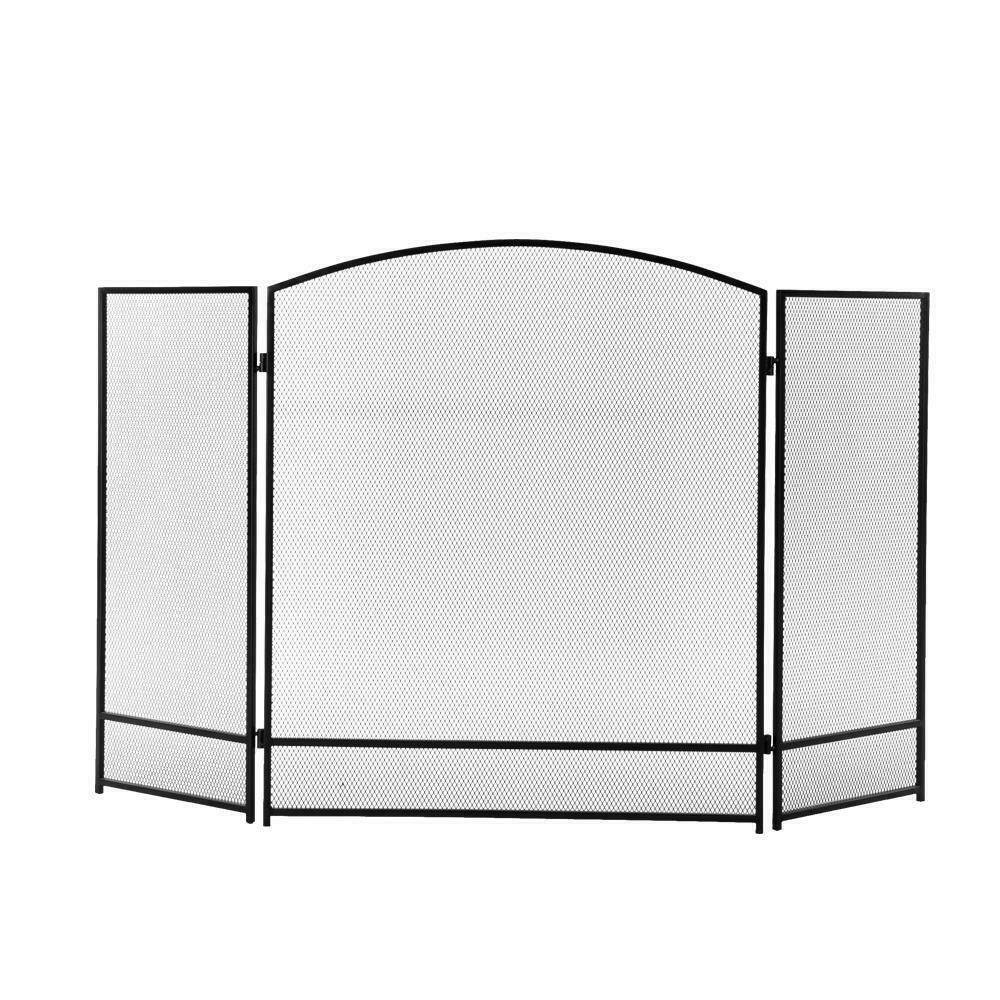3 Panel Fireplace Screen Arch Wrought Iron Folding Door Solid Steel Mesh Black