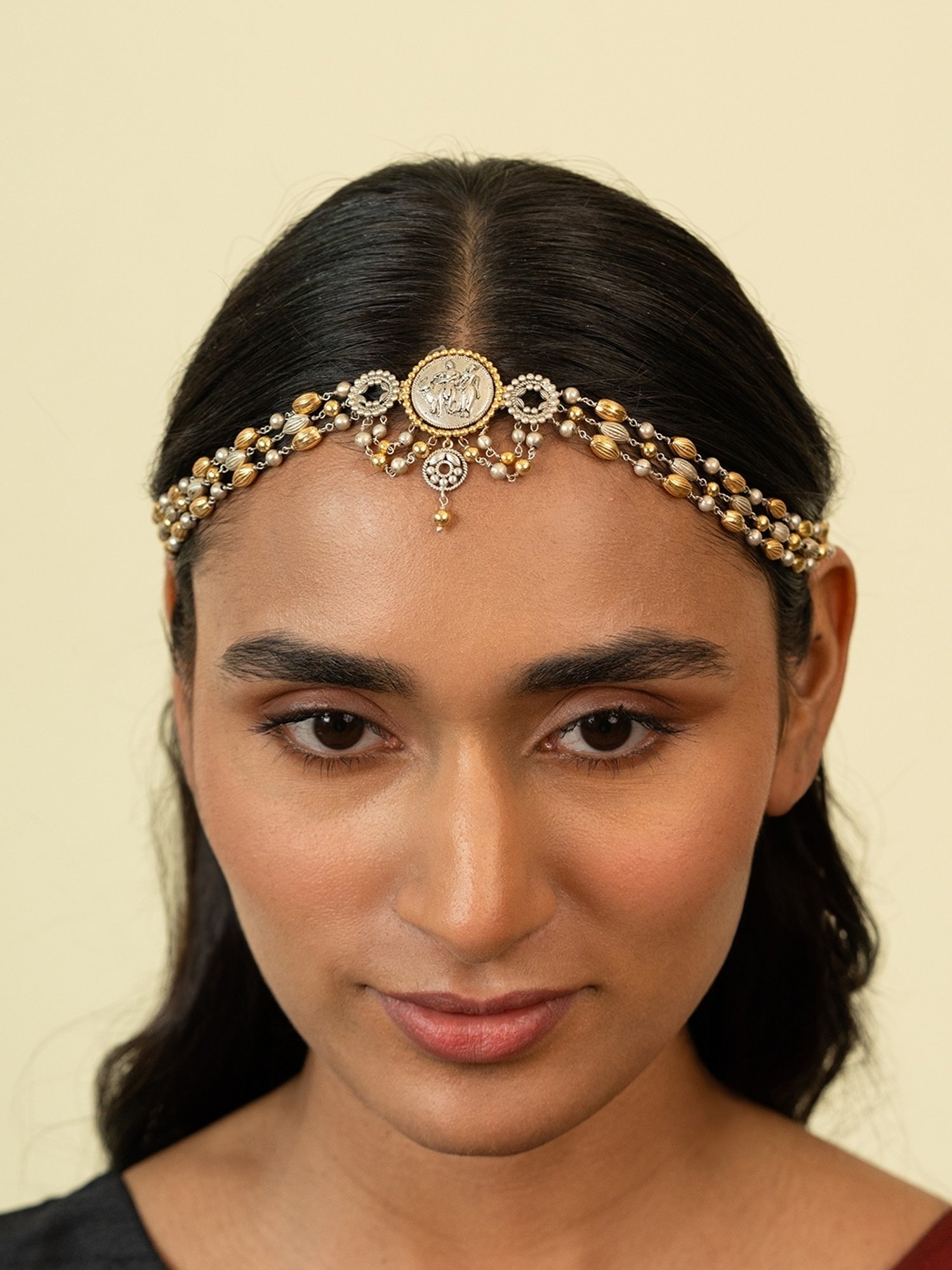 Shaya 92.5 Sterling Silver Dampati Coin Matha Patti Headpiece for Women
