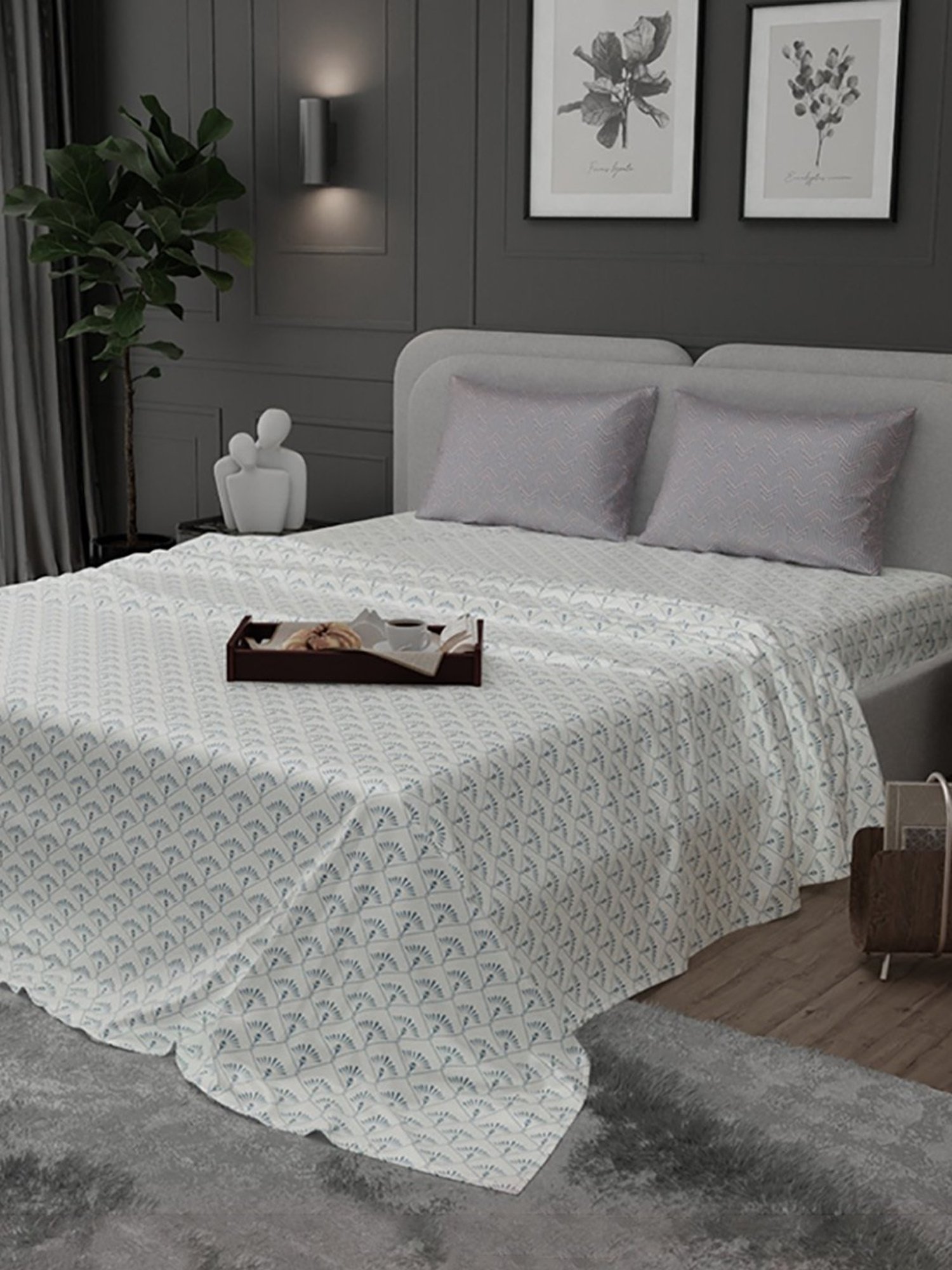 Stoa Paris Elegance Blue Polyester 300 TC Sateen King Size Bed Sheet With 2 Pillow Covers