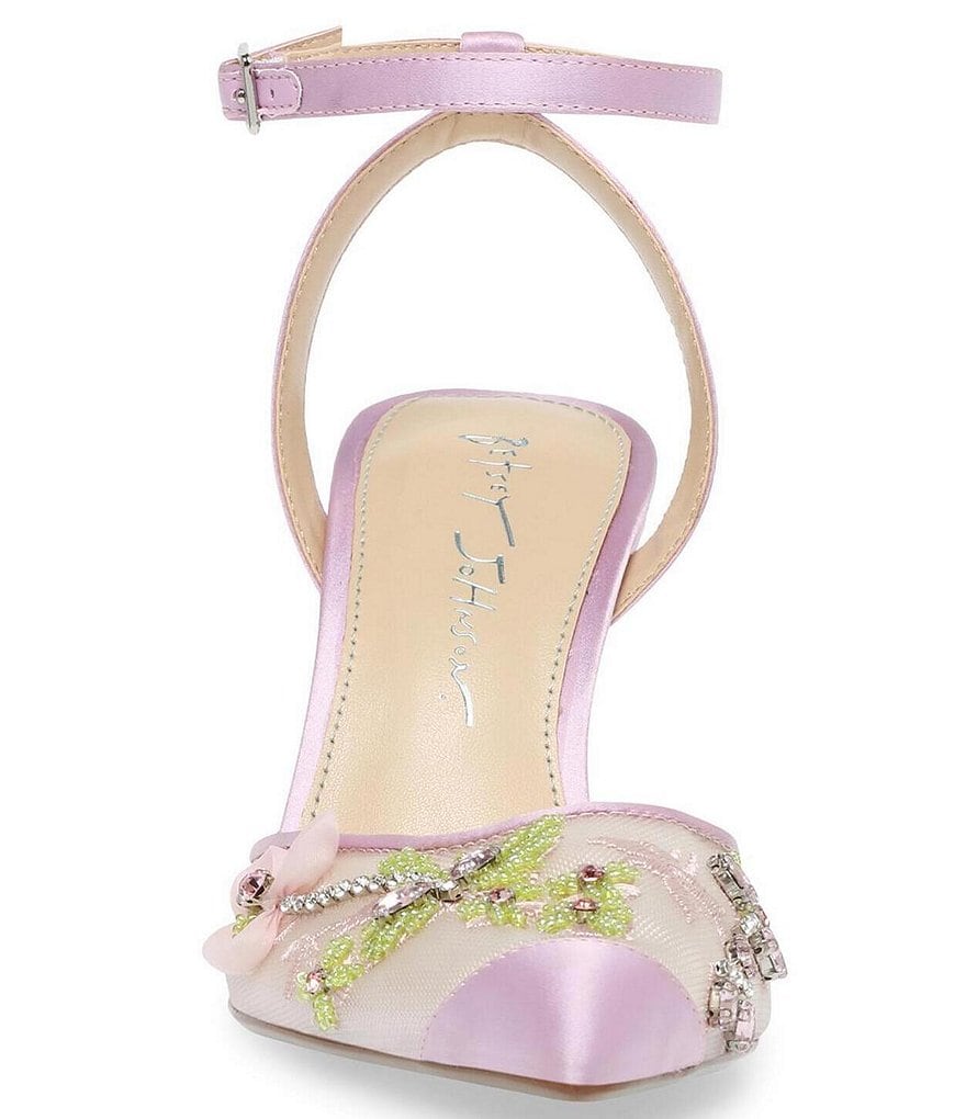 Blue by Betsey Johnson Zola Rhinestone Beaded Floral Applique Ankle Strap Dress Pumps