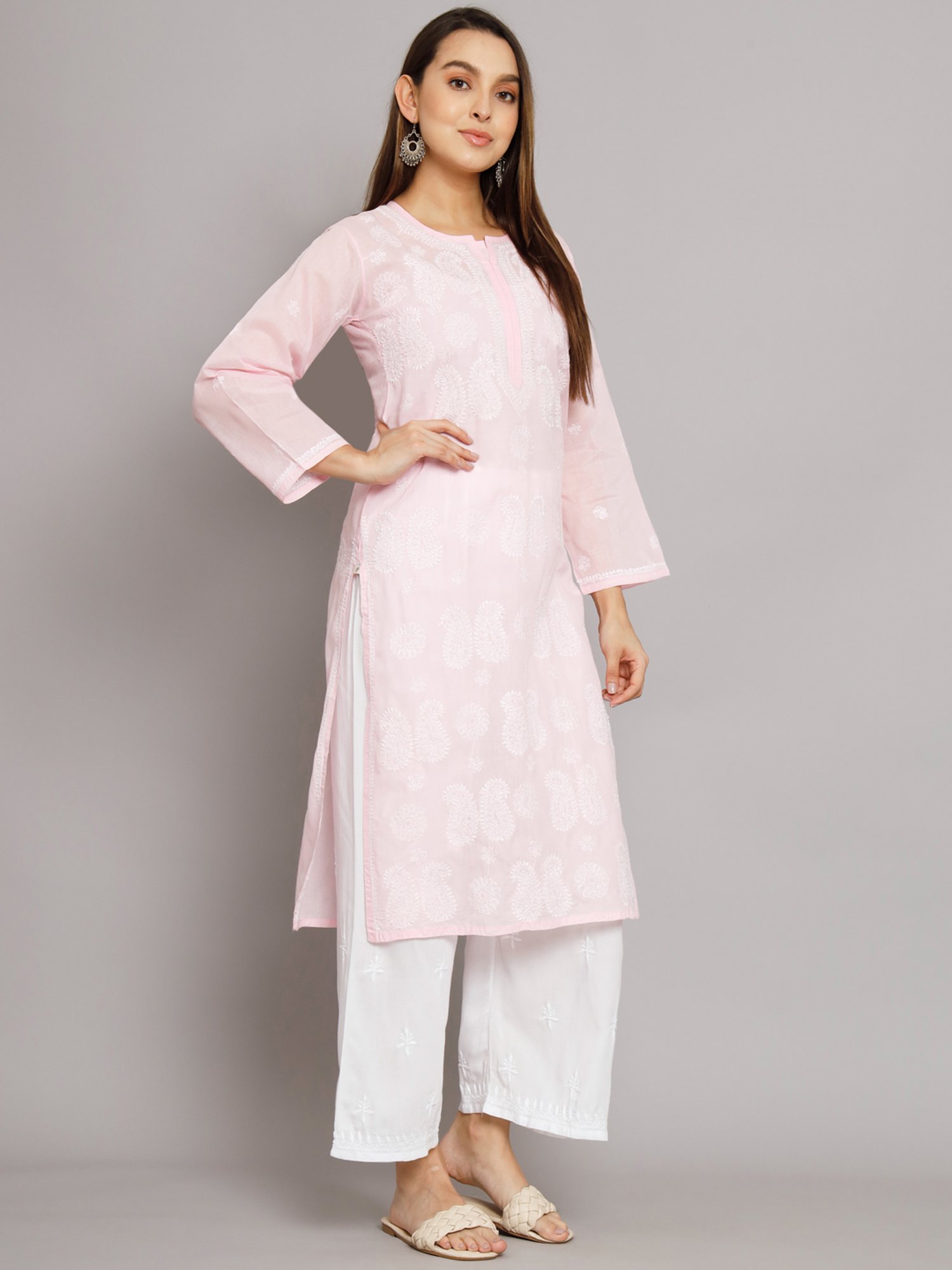 PARAMOUNT CHIKAN Baby Pink Cotton Chikankari Straight Kurta