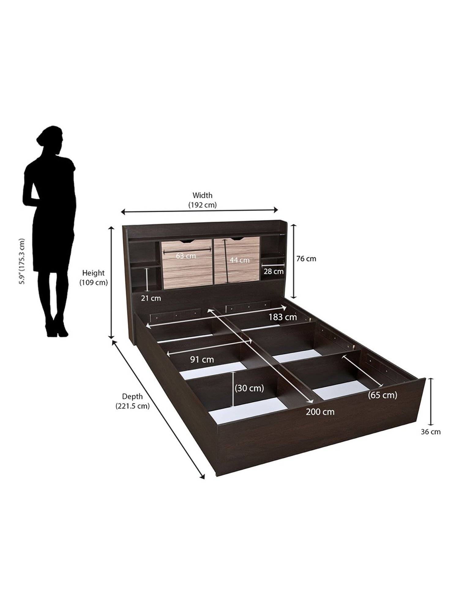 Nilkamal Riva Black Engineered Wood Queen Size Bed with Storage