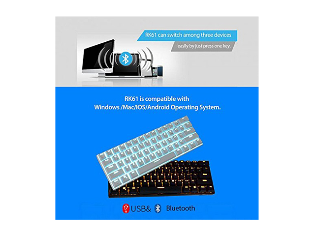 Royal Kludge RK61 Mechanical Bluetooth 3.0 Wired/Wireless 61 Keys Multi-Device RGB Backlit Gaming/Office Keyboard for iOS, Android, Windows and Mac with Rechargeable Battery, Blue Switch - White