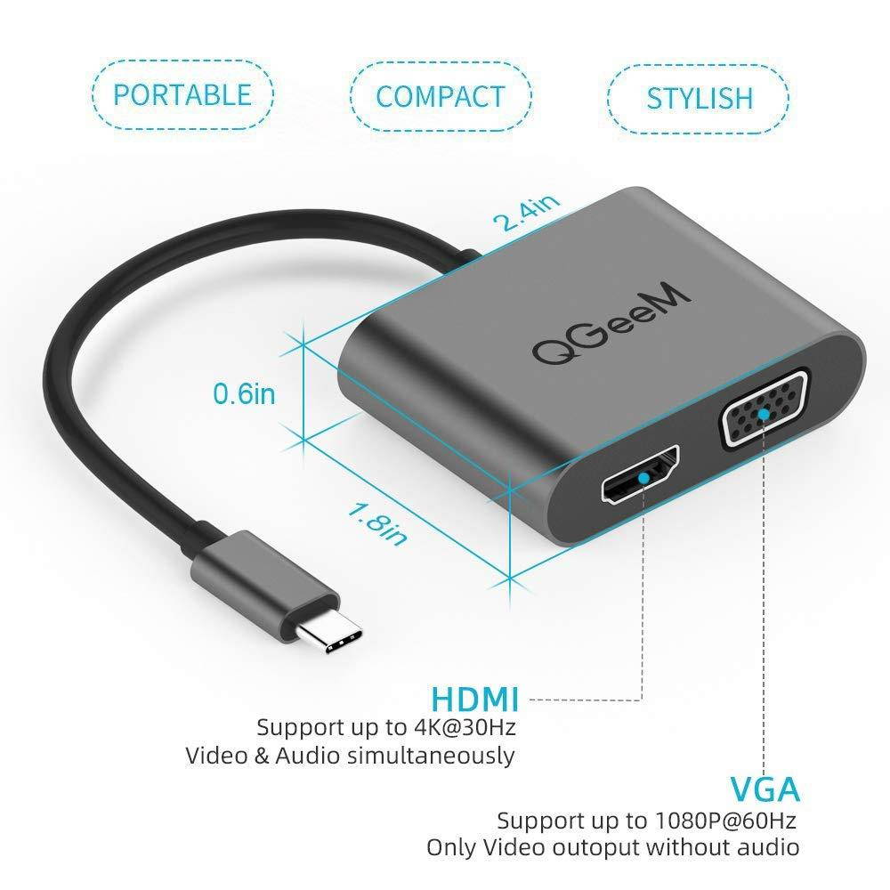 USB C to HDMI VGA Adapter, QGeeM 2-in-1 Type C to VGA HDMI Adapter (Thunderbolt 3 Compatible) for MacBook Pro, iMac 2017, Chromebook Pixel, Galaxy S8/S8Plus and More