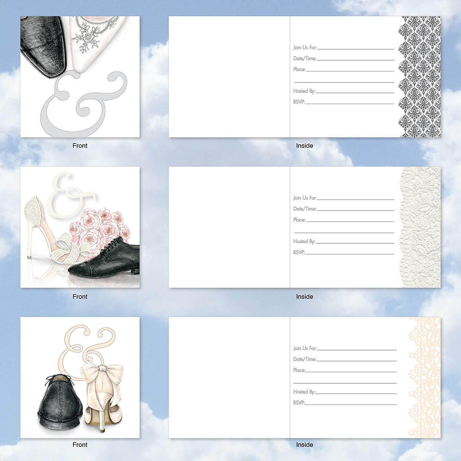 AMQ5068WIG-B1x10 Sole Mates Wedding Invitation: Set of 10 'Square-Top' Greeting Cards Featuring Men and Women's Wedding Shoes Paired for Life, with Envelopes (1 each of 10 Designs, Size: 4" x 5")