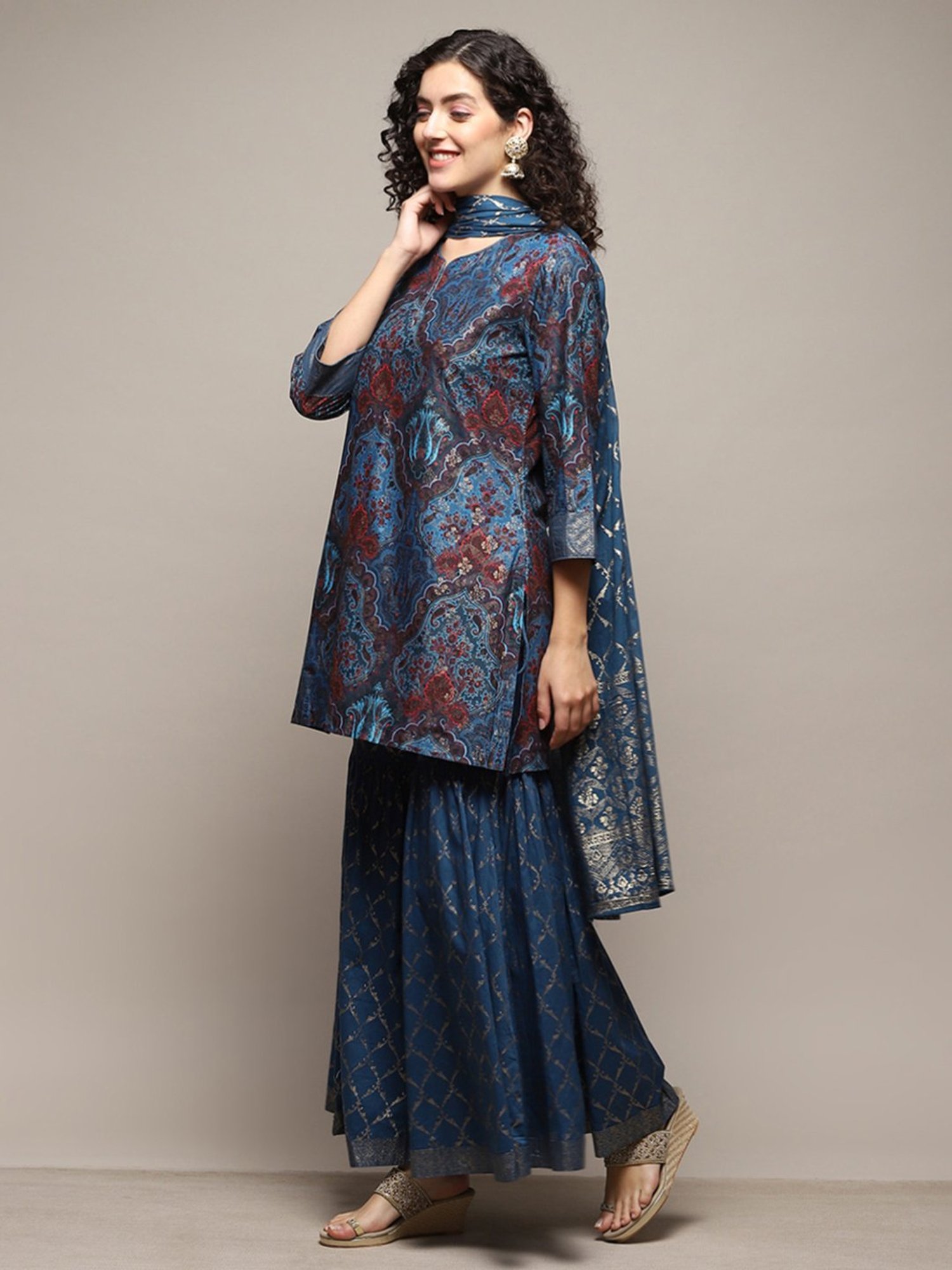 Biba Teal Blue Cotton Printed Kurti Sharara Set With Dupatta