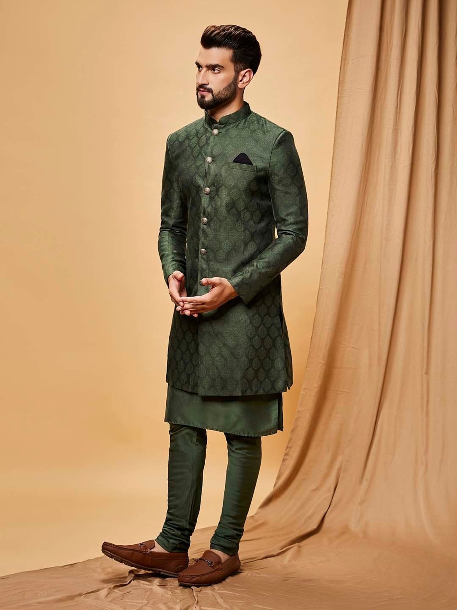 KISAH Olive Regular Fit Self Design Sherwani Set