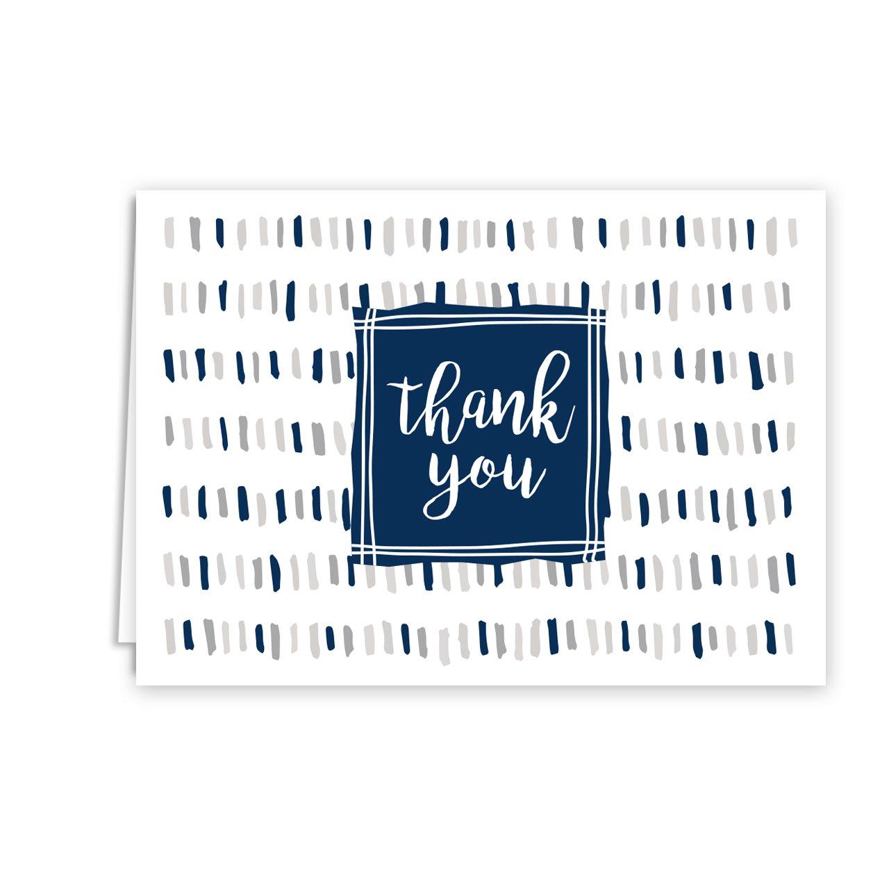 Navy Patterns Thank You Folded Assortment Card Pack - Set of 36 Cards, 6 Designs - 6 Cards per Design, 4 7/8'' x 3 1/2''. Blank Inside. Made in The USA. Blank White envelopes Included.