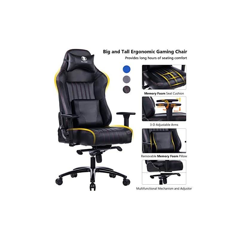 Memory Foam Gaming Chair, Adjustable Tilt Angle and 3D Armrest Ergonomic High-Back Leather Racing Executive Computer Desk Office Metal Base (Black)