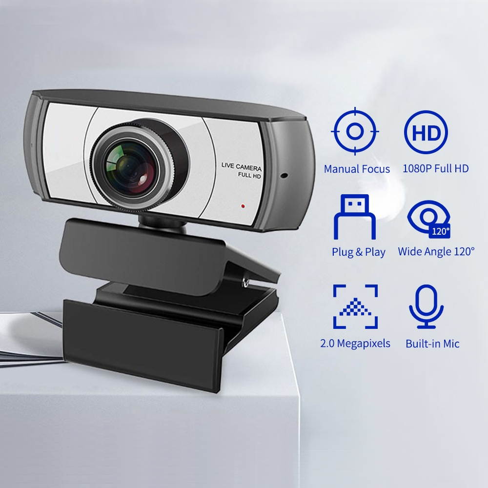 1080P HD Streaming Webcam USB Computer Video Camera 2 Megapixels 120&deg; Wide Viewing Manual Focus with Microphone Plug & Play Compatible with Windows Android Mac for Video Meeting Online Training Live