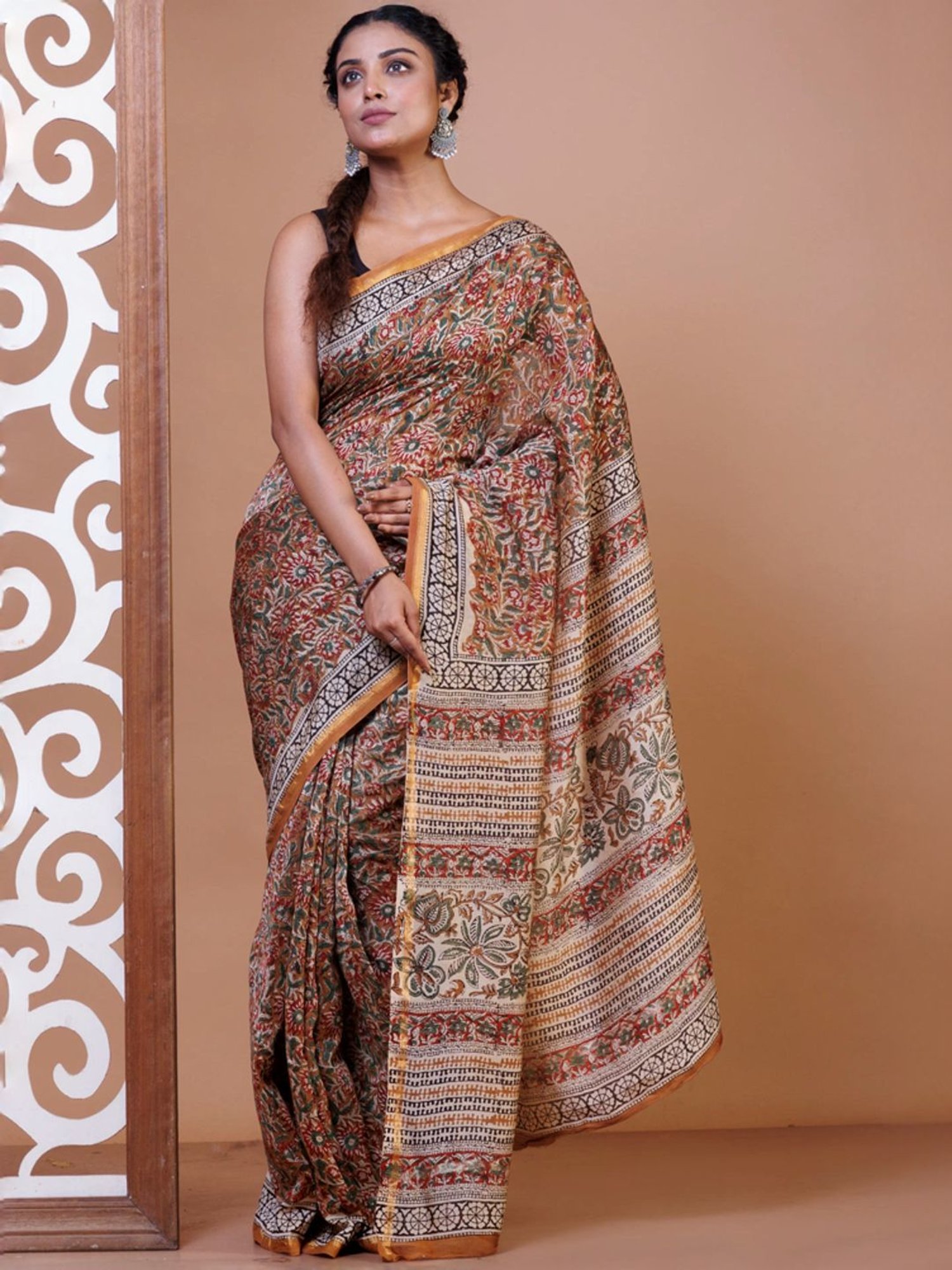Unnati Silks Brown Floral Print Saree With Unstitched Blouse