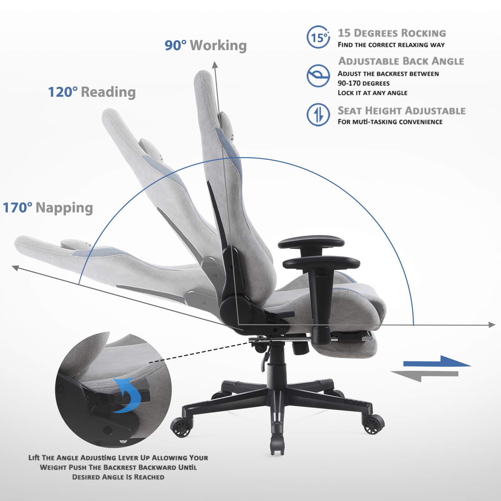 Dowinx Gaming Chair Breathable Fabric Office Chair with Massage Lumbar Support, High Back Ergonomic Comouter Chair Adjustable Swivel Task Chair with Footrest (Blue)