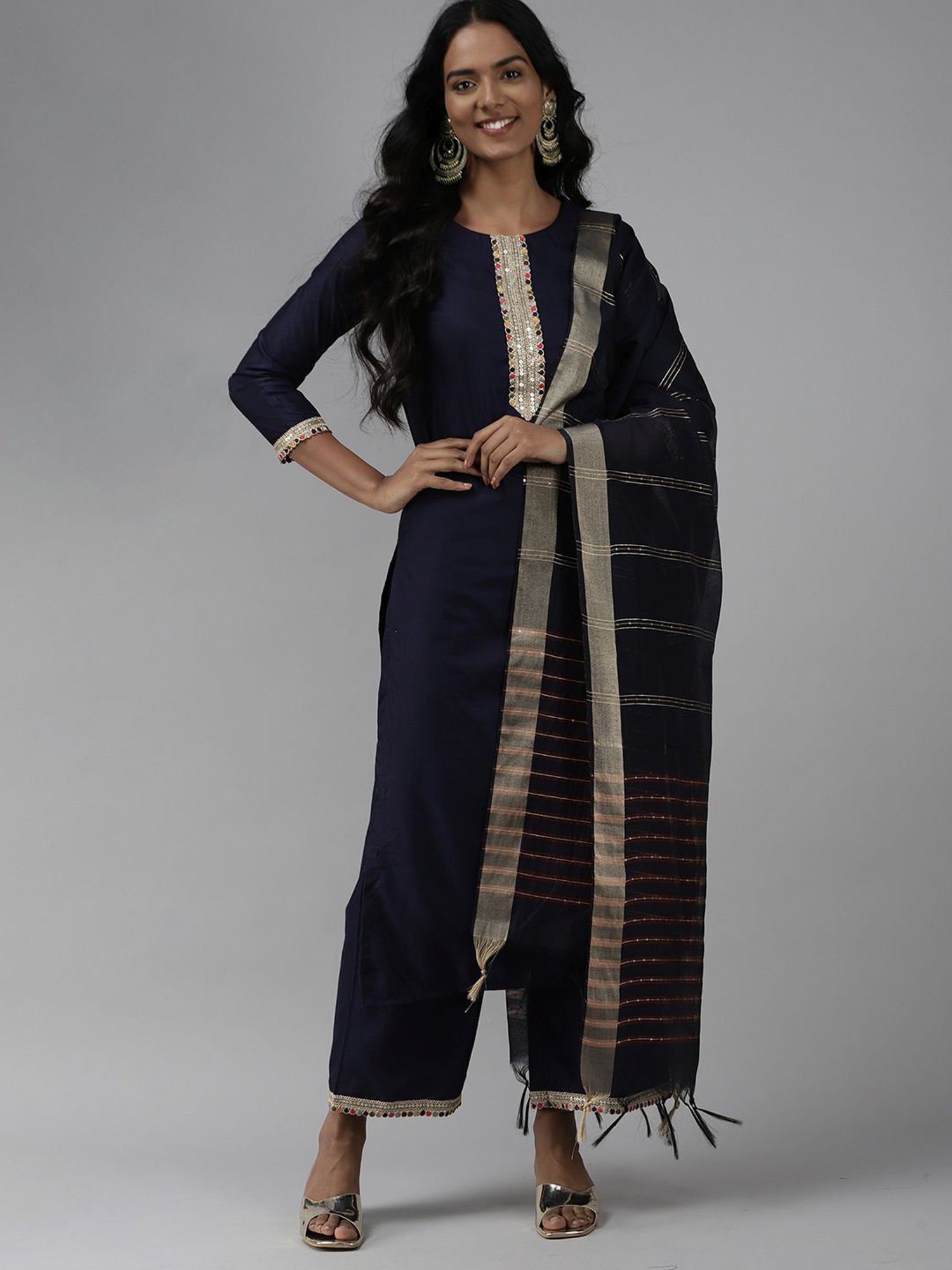 Indo Era Navy Embellished Dupatta